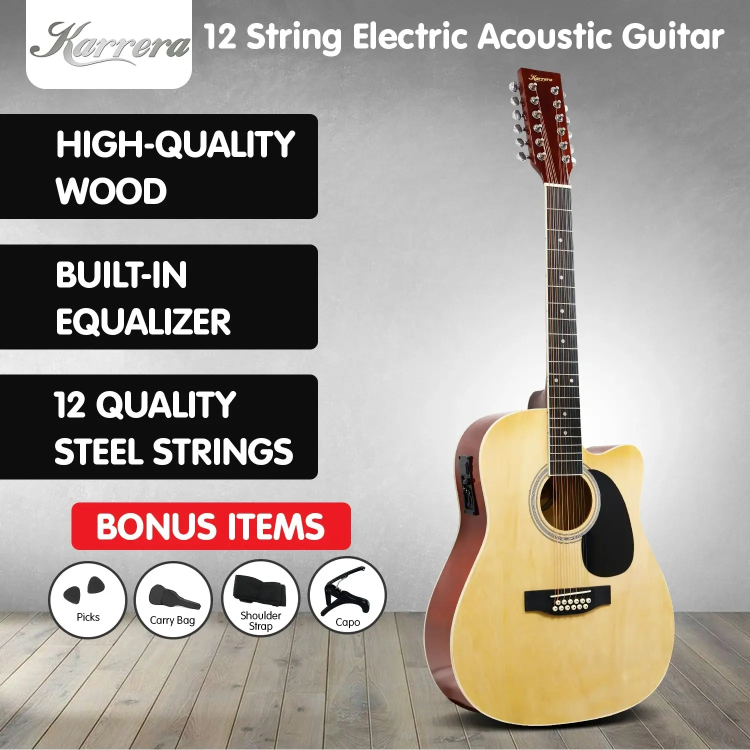 Karrera Acoustic Guitar 12-String with EQ - Natural