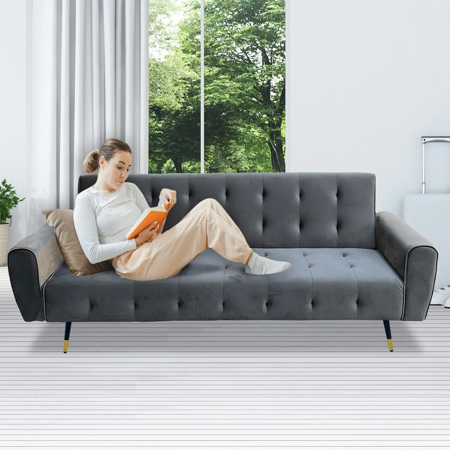 Ava Tufted Velvet Sofa Bed by Sarantino - Dark Grey