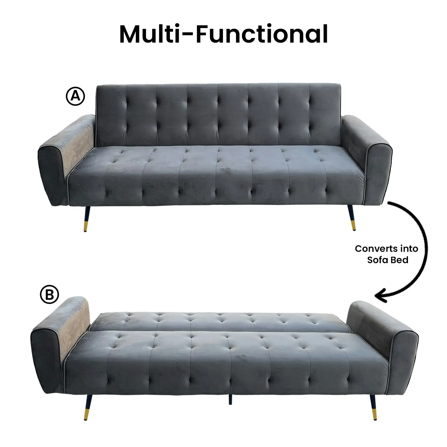 Ava Tufted Velvet Sofa Bed by Sarantino - Dark Grey