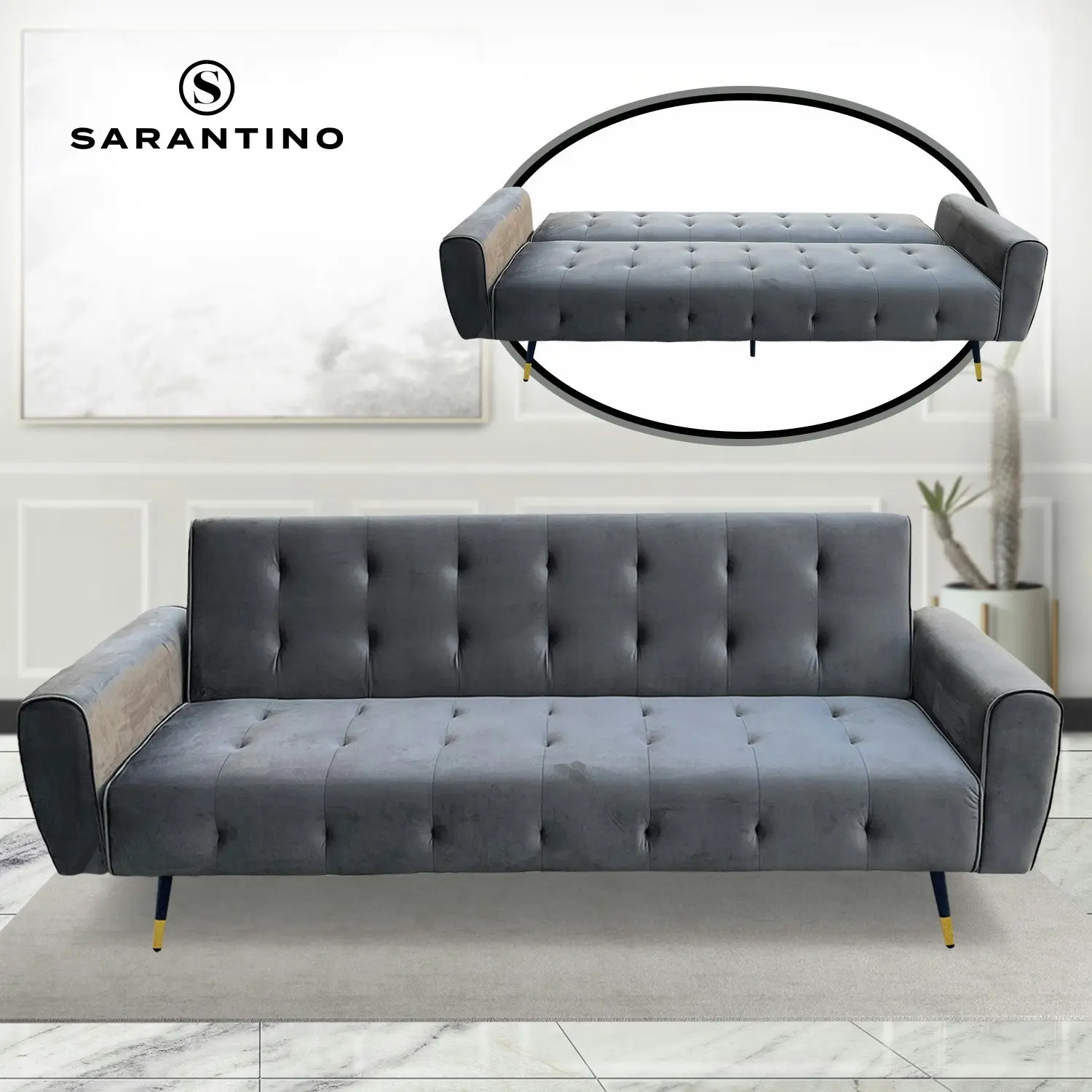 Ava Tufted Velvet Sofa Bed by Sarantino - Dark Grey