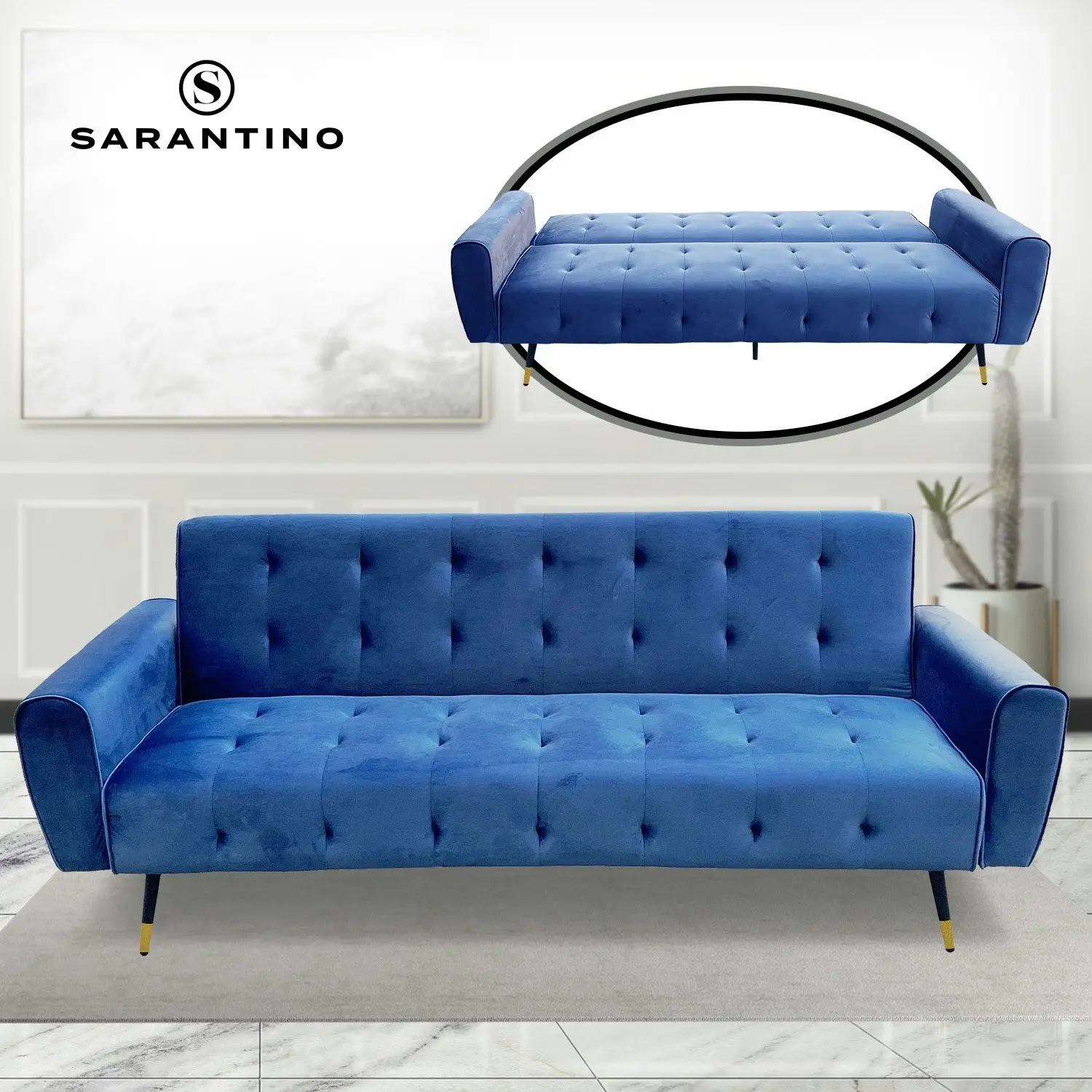 Ava Tufted Velvet Sofa Bed by Sarantino - Blue