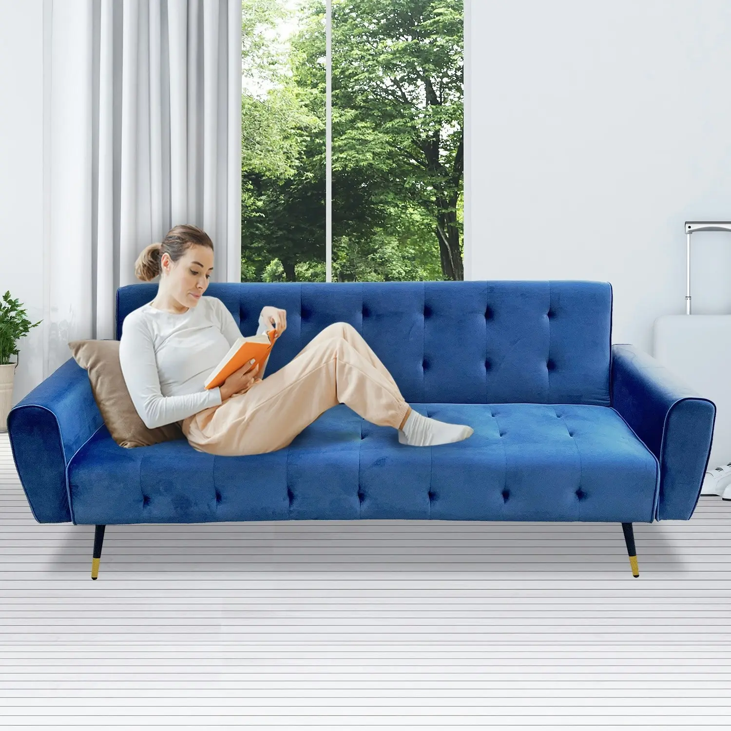 Ava Tufted Velvet Sofa Bed by Sarantino - Blue