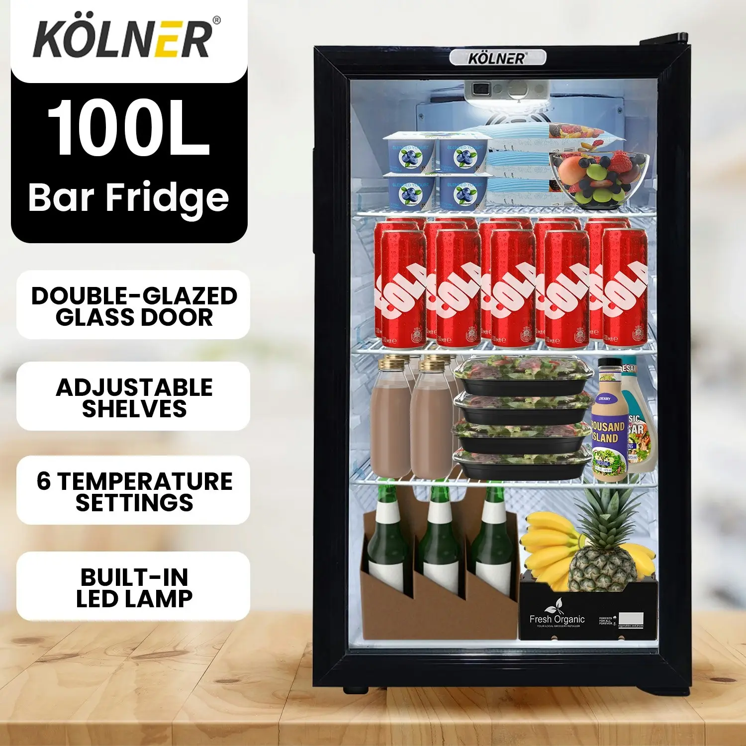 Kolner 100L Mini Bar Fridge Glass Door Beverage Cooler Drinks Refrigerator