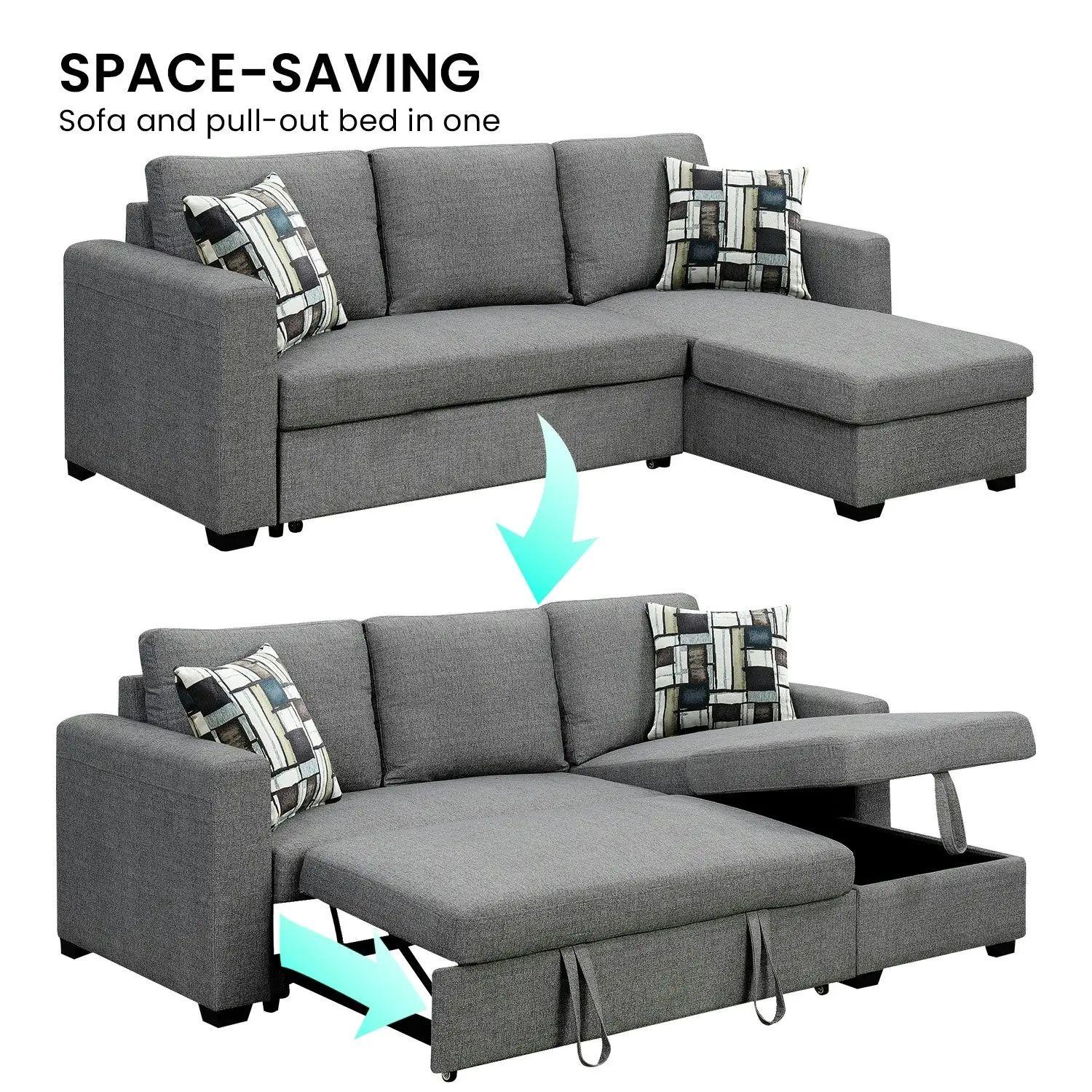 Fontana Grey Pullout Sofa Bed with Storage by Sarantino 3-Seater Corner Sofa Reversible Chaise Lounge