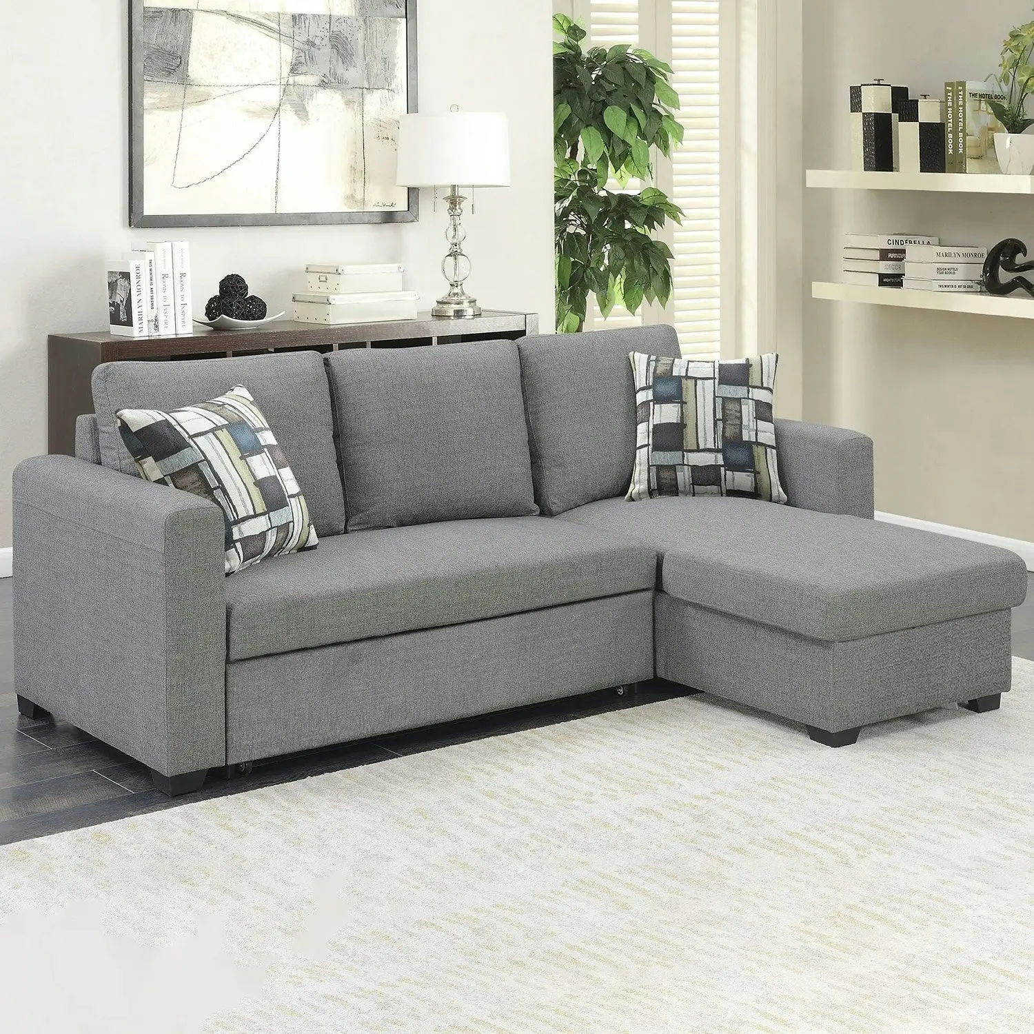 Fontana Grey Pullout Sofa Bed with Storage by Sarantino 3-Seater Corner Sofa Reversible Chaise Lounge