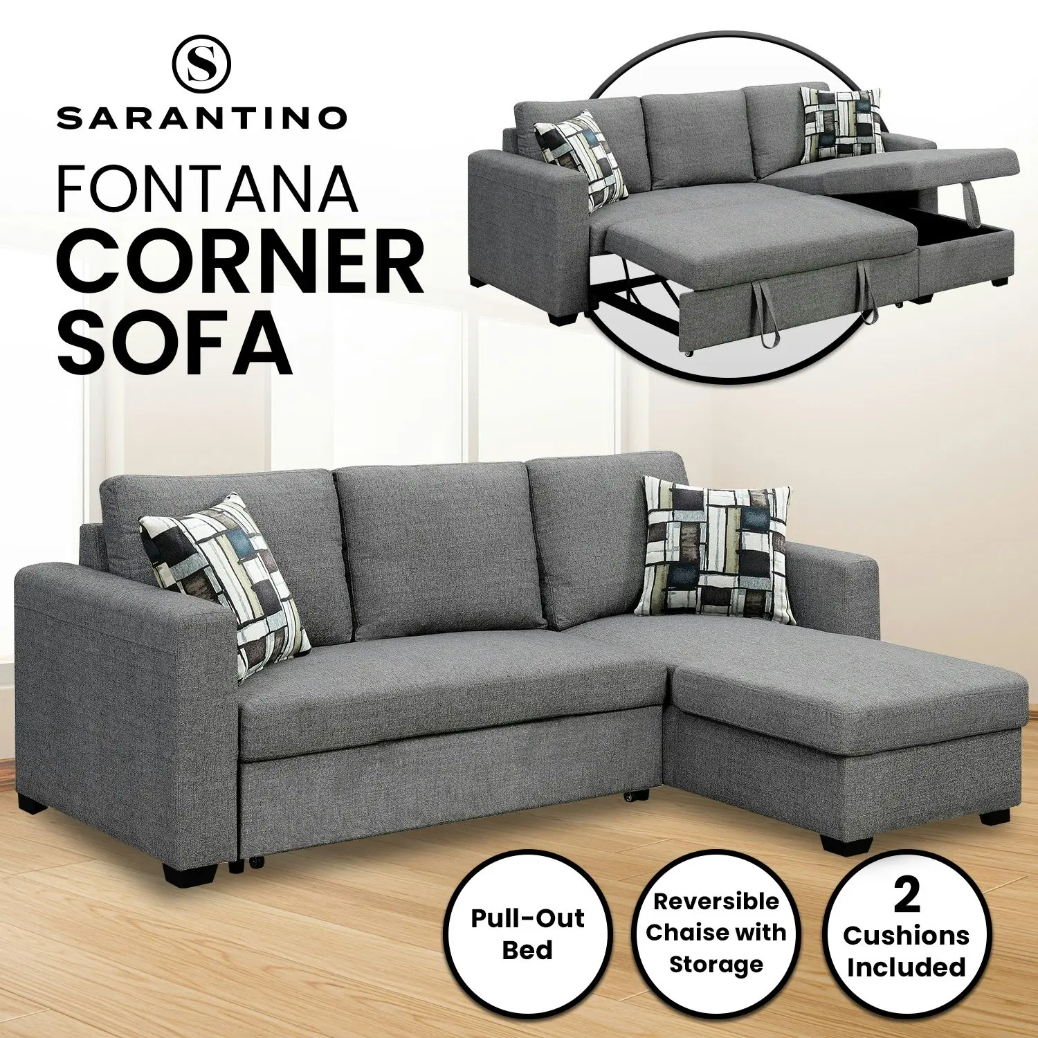 Fontana Grey Pullout Sofa Bed with Storage by Sarantino 3-Seater Corner Sofa Reversible Chaise Lounge