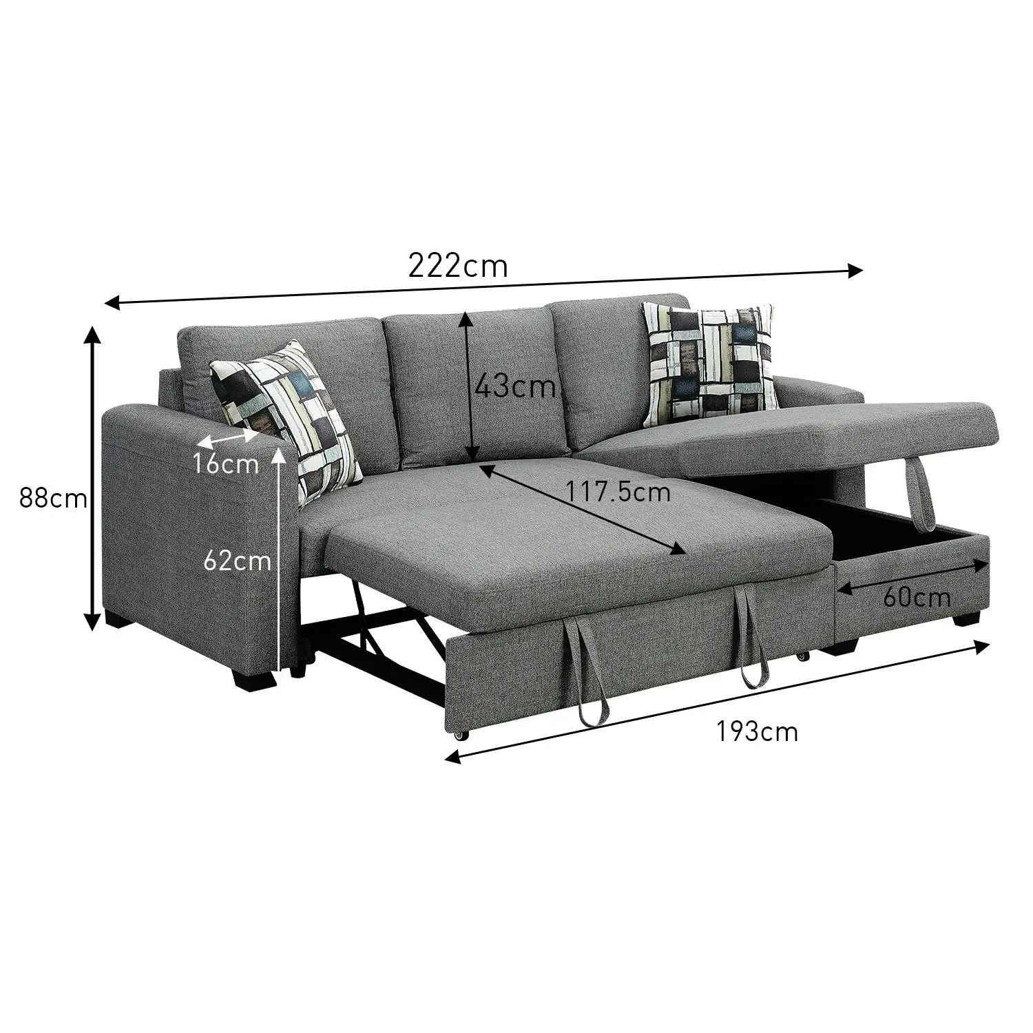 Fontana Grey Pullout Sofa Bed with Storage by Sarantino 3-Seater Corner Sofa Reversible Chaise Lounge