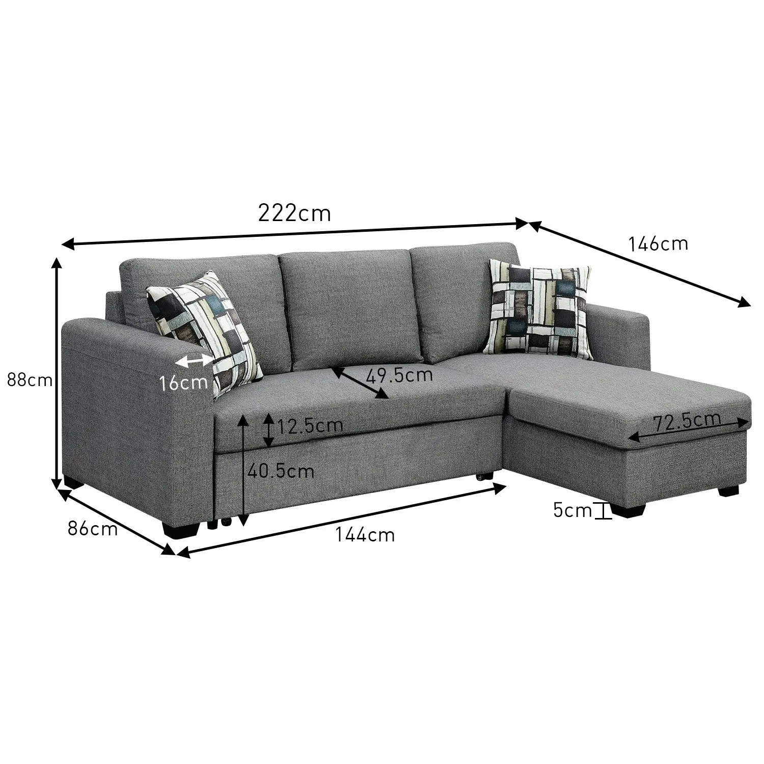 Fontana Grey Pullout Sofa Bed with Storage by Sarantino 3-Seater Corner Sofa Reversible Chaise Lounge