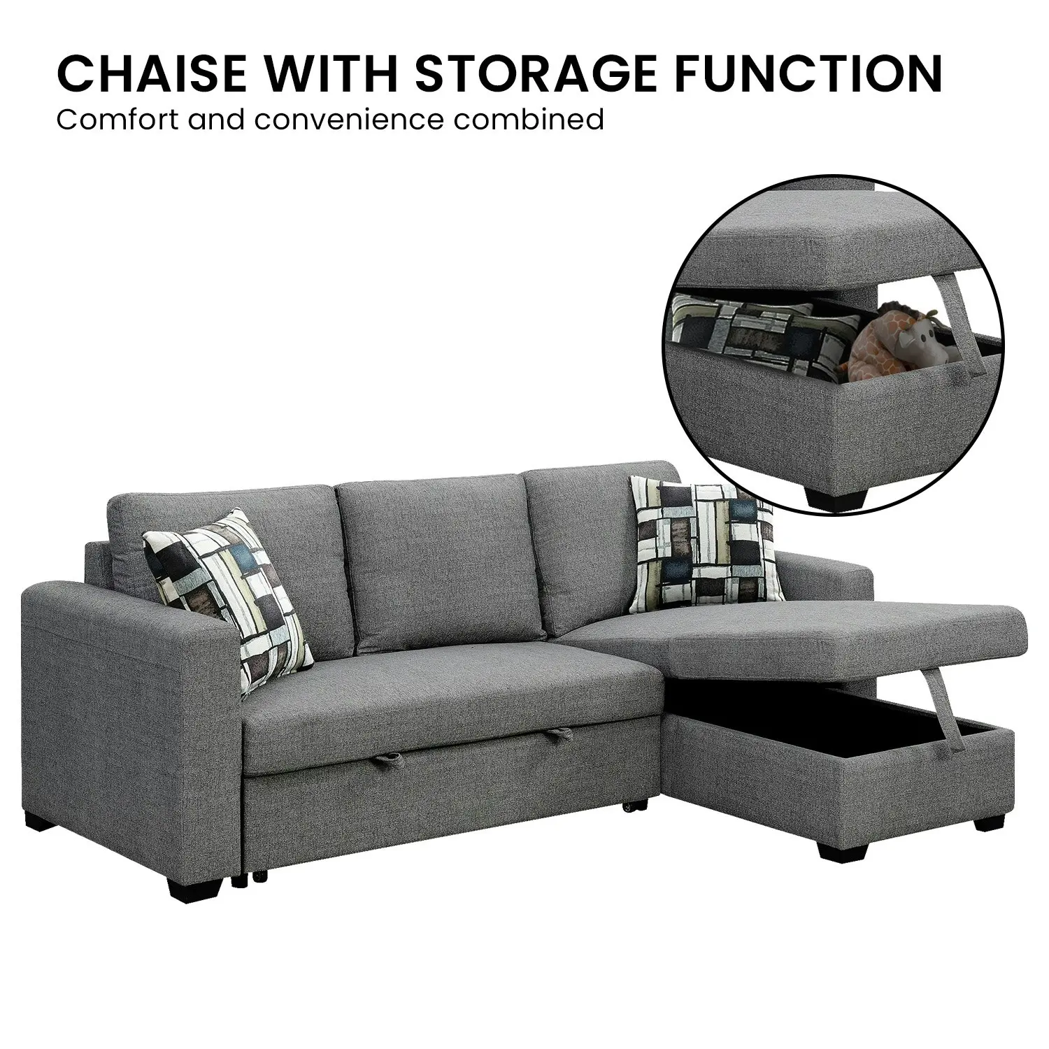 Fontana Grey Pullout Sofa Bed with Storage by Sarantino 3-Seater Corner Sofa Reversible Chaise Lounge