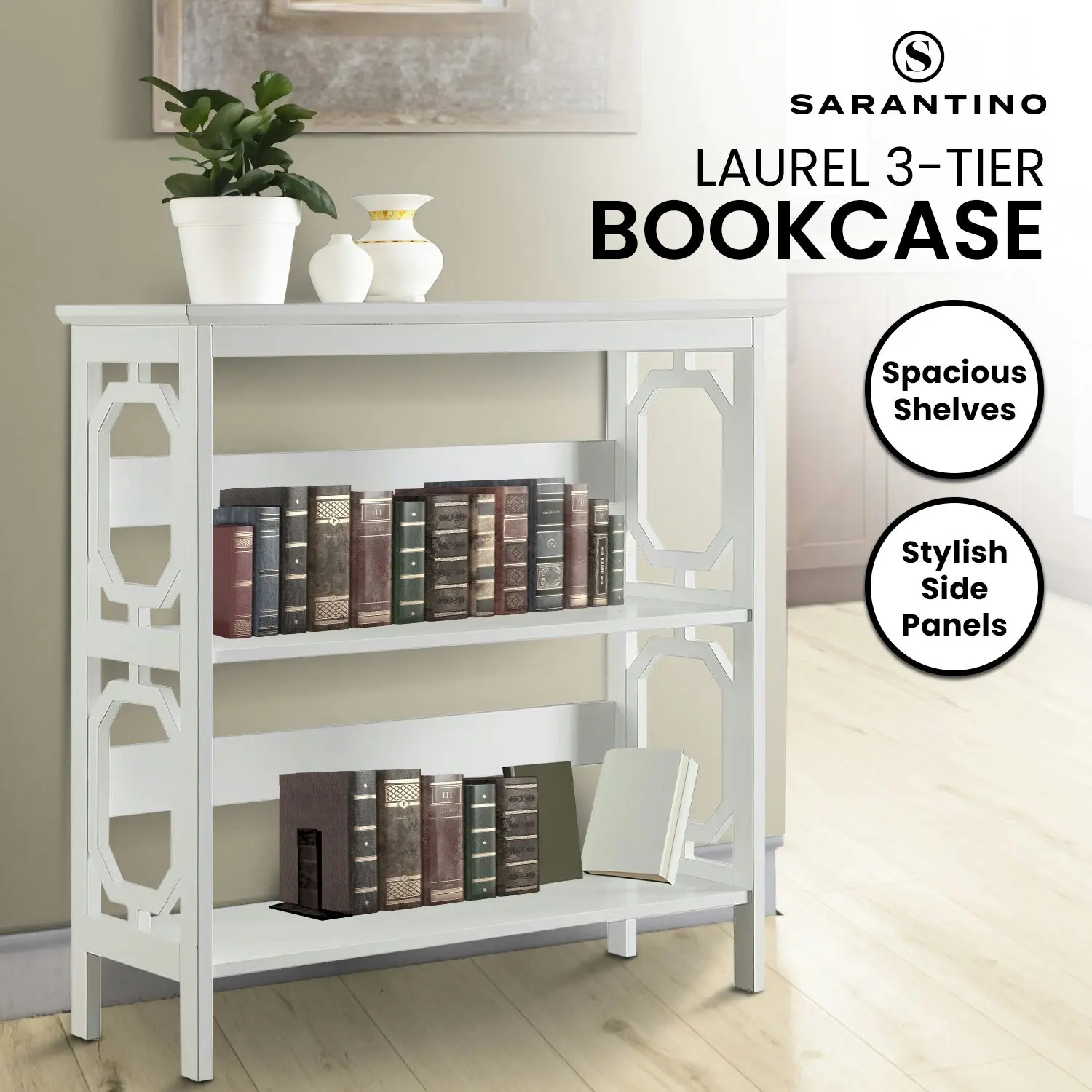 Sarantino Laurel 3-Tier Bookshelf Display Rack- White