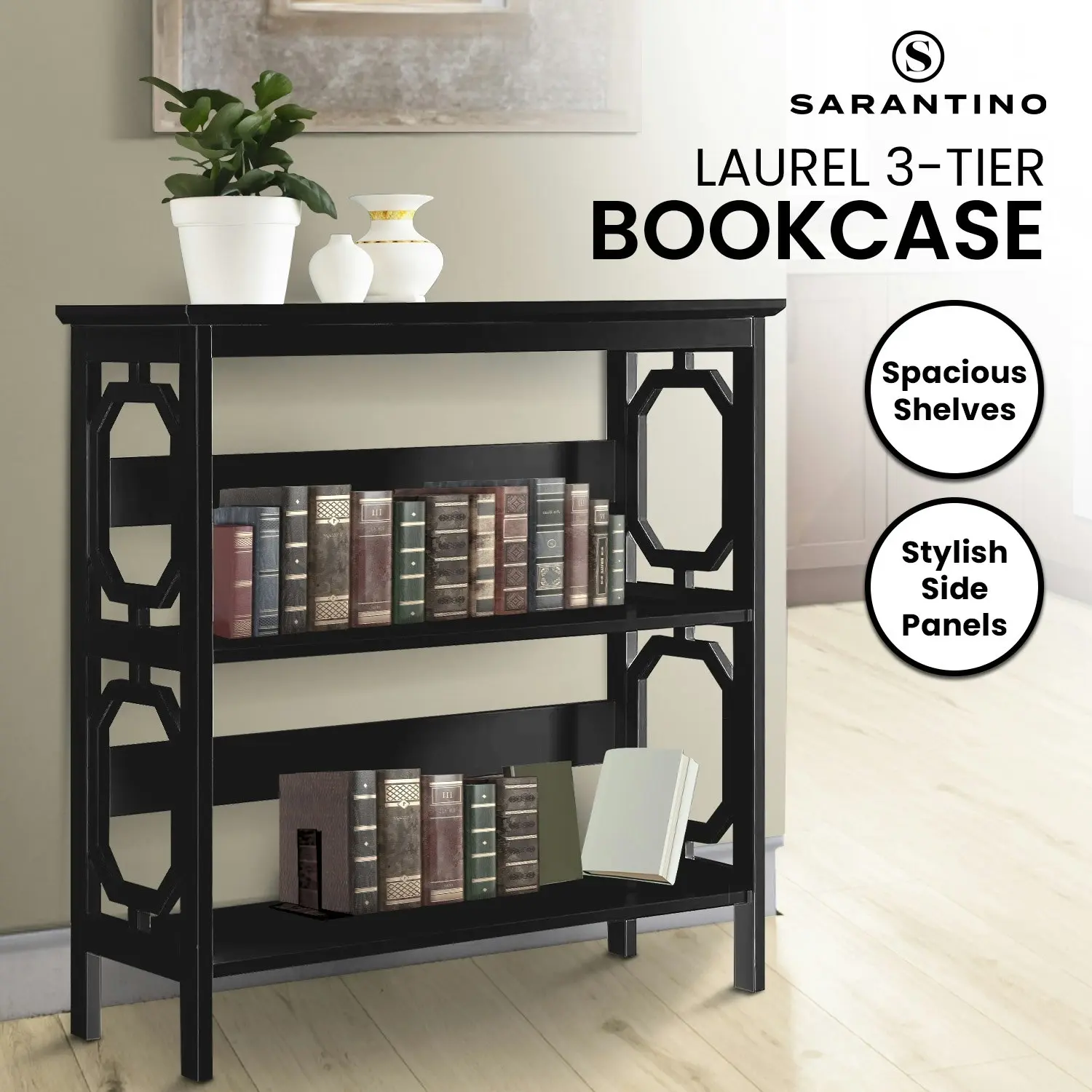 Sarantino Laurel 3-Tier Bookshelf Display Rack- Black