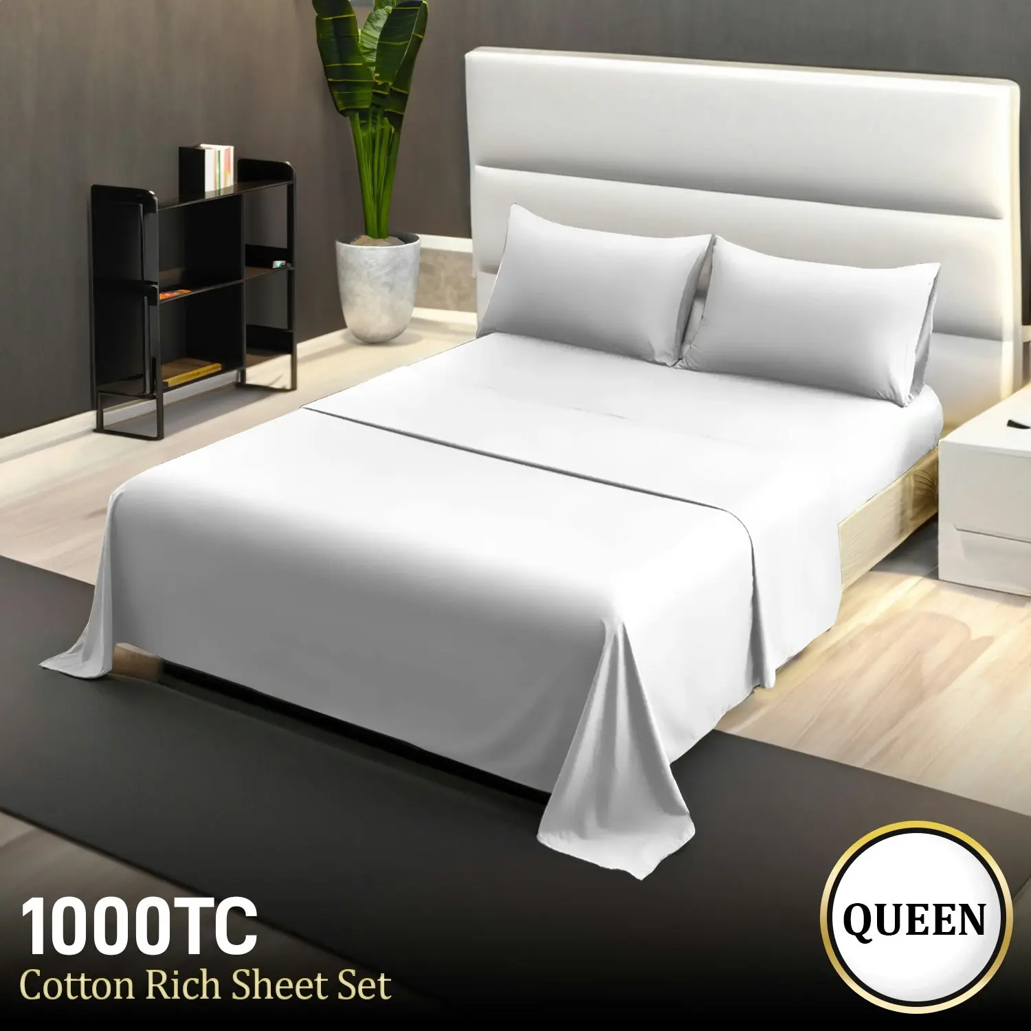 Cotton microfibre 1000TC 4pc Queen sheet set - White