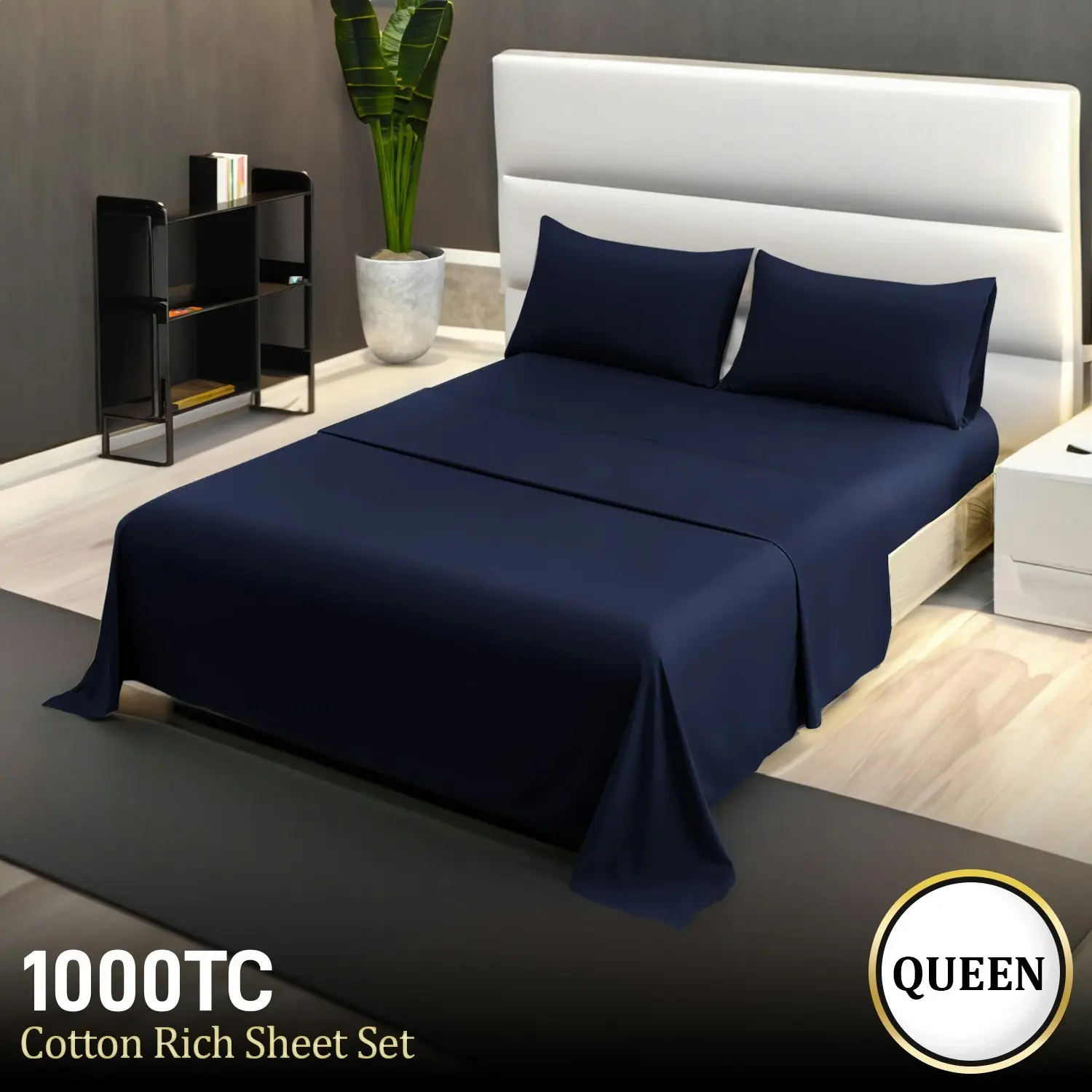 4pc 1000 Thread Count Cotton Rich Queen Bed Sheet Set CVC Microfibre Blend - Navy