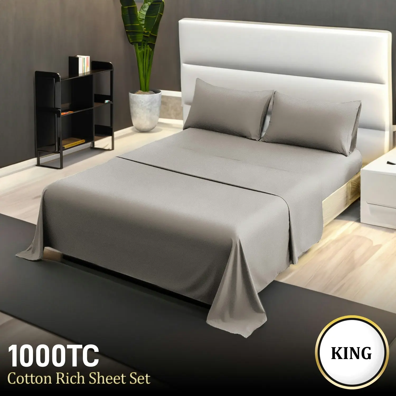 4pc 1000 Thread Count Cotton Rich King Bed Sheet Set CVC Microfibre Blend - Silver