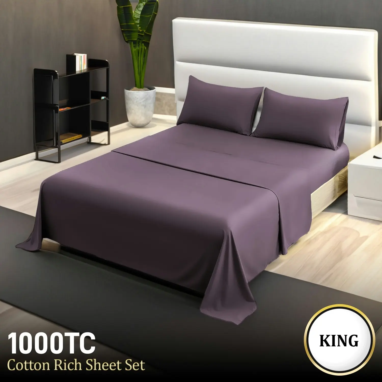 4pc 1000 Thread Count Cotton Rich King Bed Sheet Set CVC Microfibre Blend - Lilac