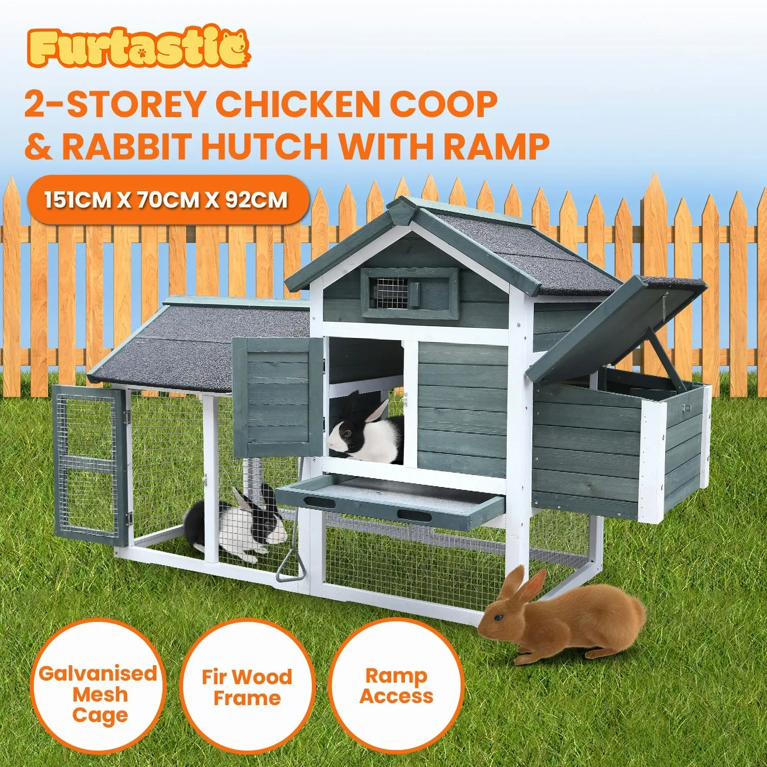 Furtastic Large Chicken Coop & Rabbit Hutch With Ramp - Green