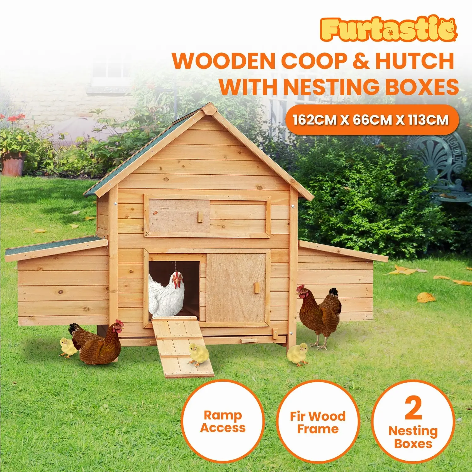 Furtastic Wooden Chicken Coop & Rabbit Hutch With Ramp Nesting Boxes