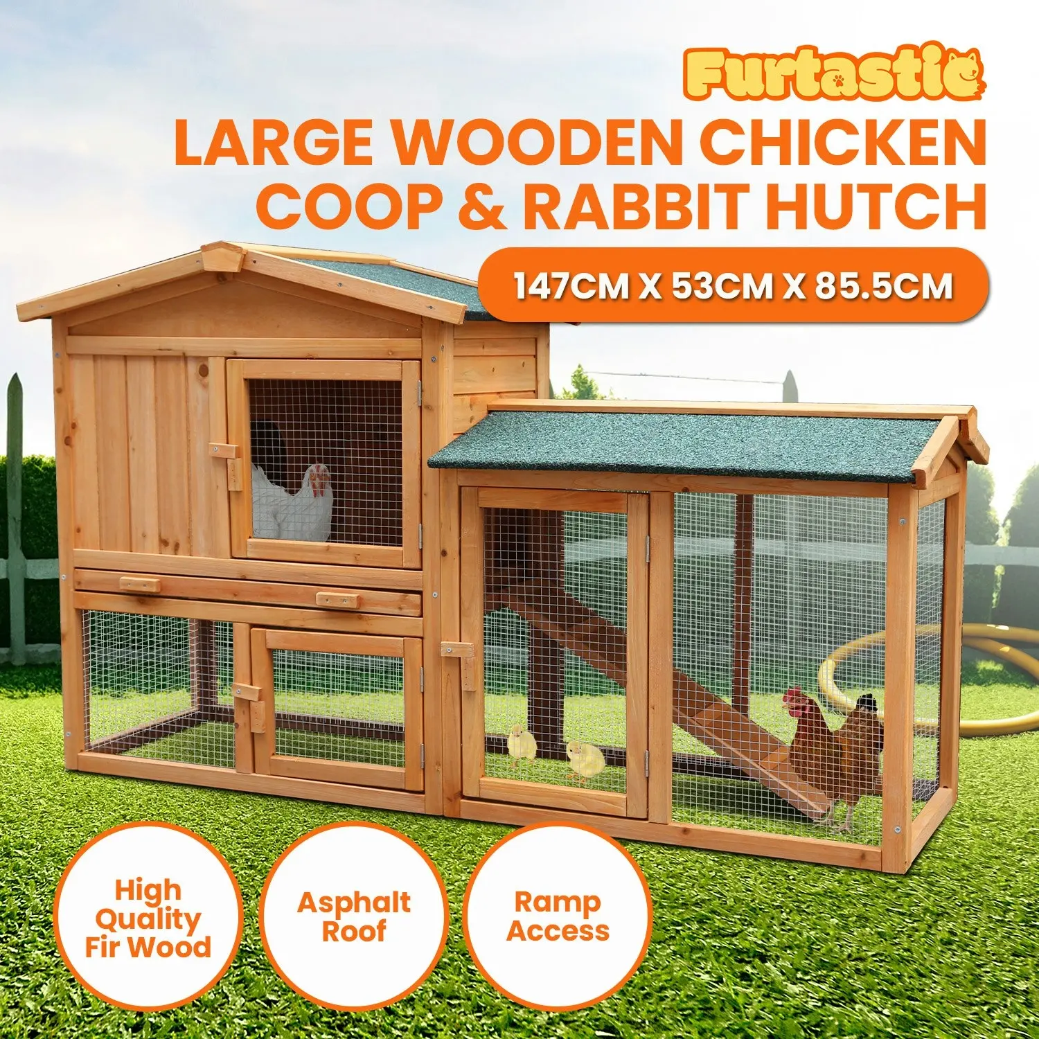 Furtastic Large Wooden Chicken Coop & Rabbit Hutch With Ramp