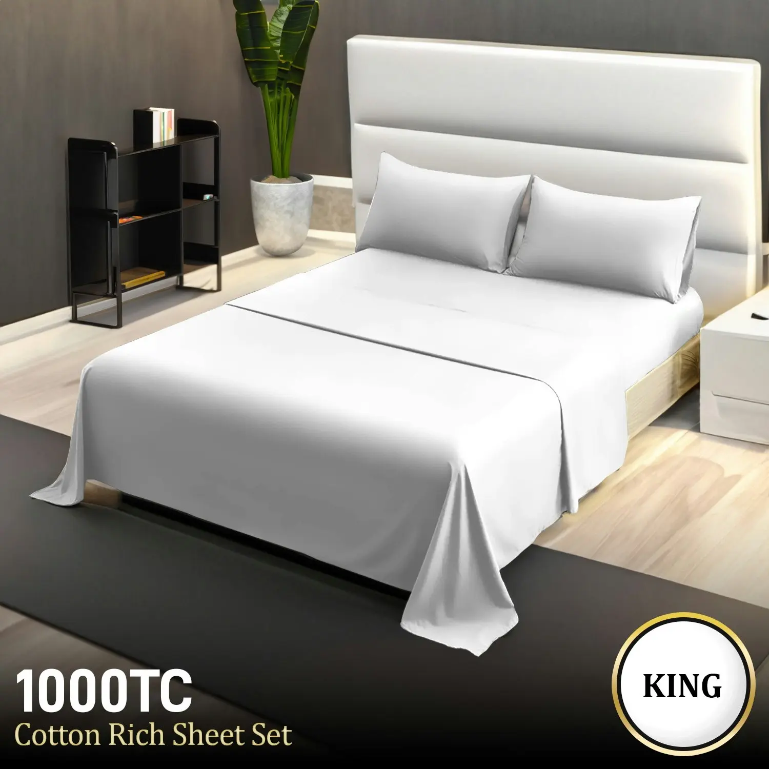 4pc 1000 Thread Count Cotton Rich King Bed Sheet Set CVC Microfibre Blend - White