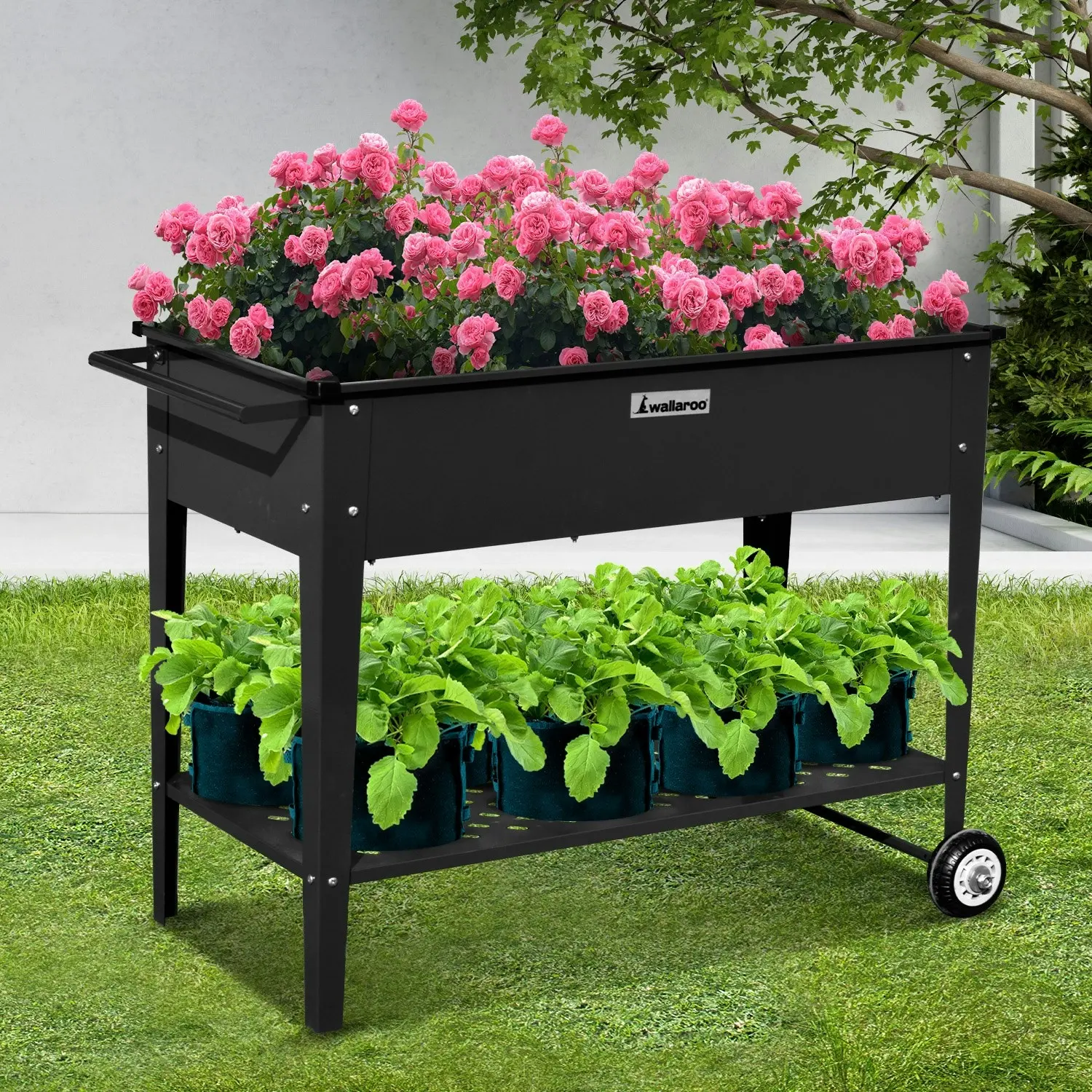 Wallaroo 108.5 x 50.5 x 80cm Galvanized Steel Garden Bed Cart Raised Planter Box - Black