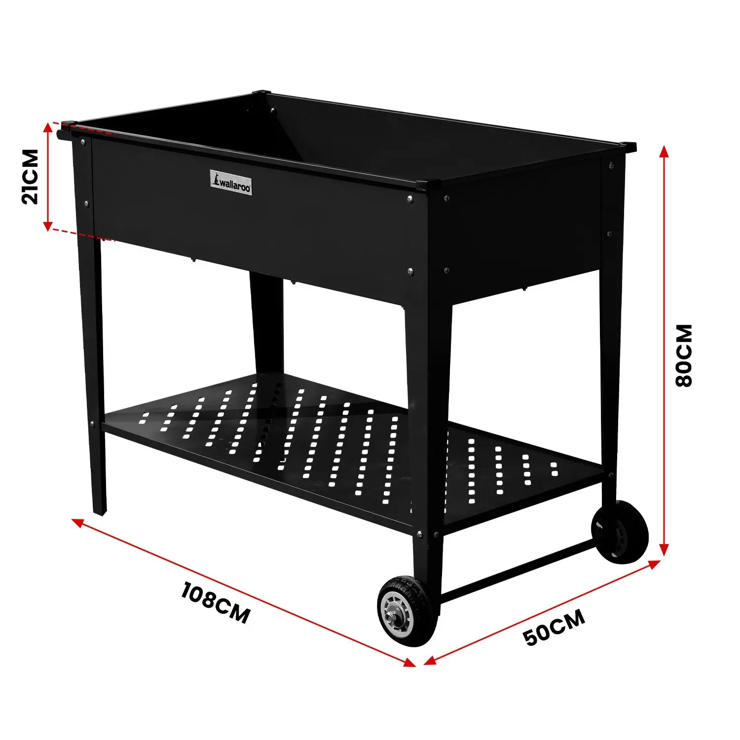 Wallaroo 108.5 x 50.5 x 80cm Galvanized Steel Garden Bed Cart Raised Planter Box - Black