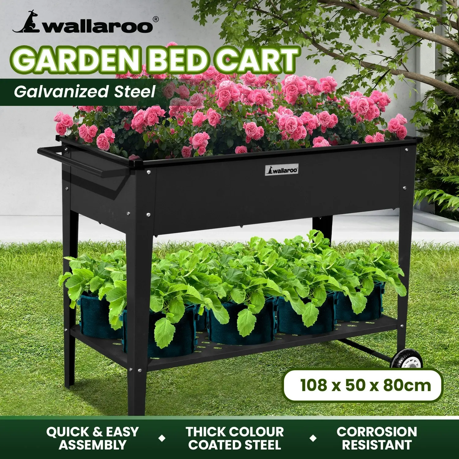 Wallaroo 108.5 x 50.5 x 80cm Galvanized Steel Garden Bed Cart Raised Planter Box - Black