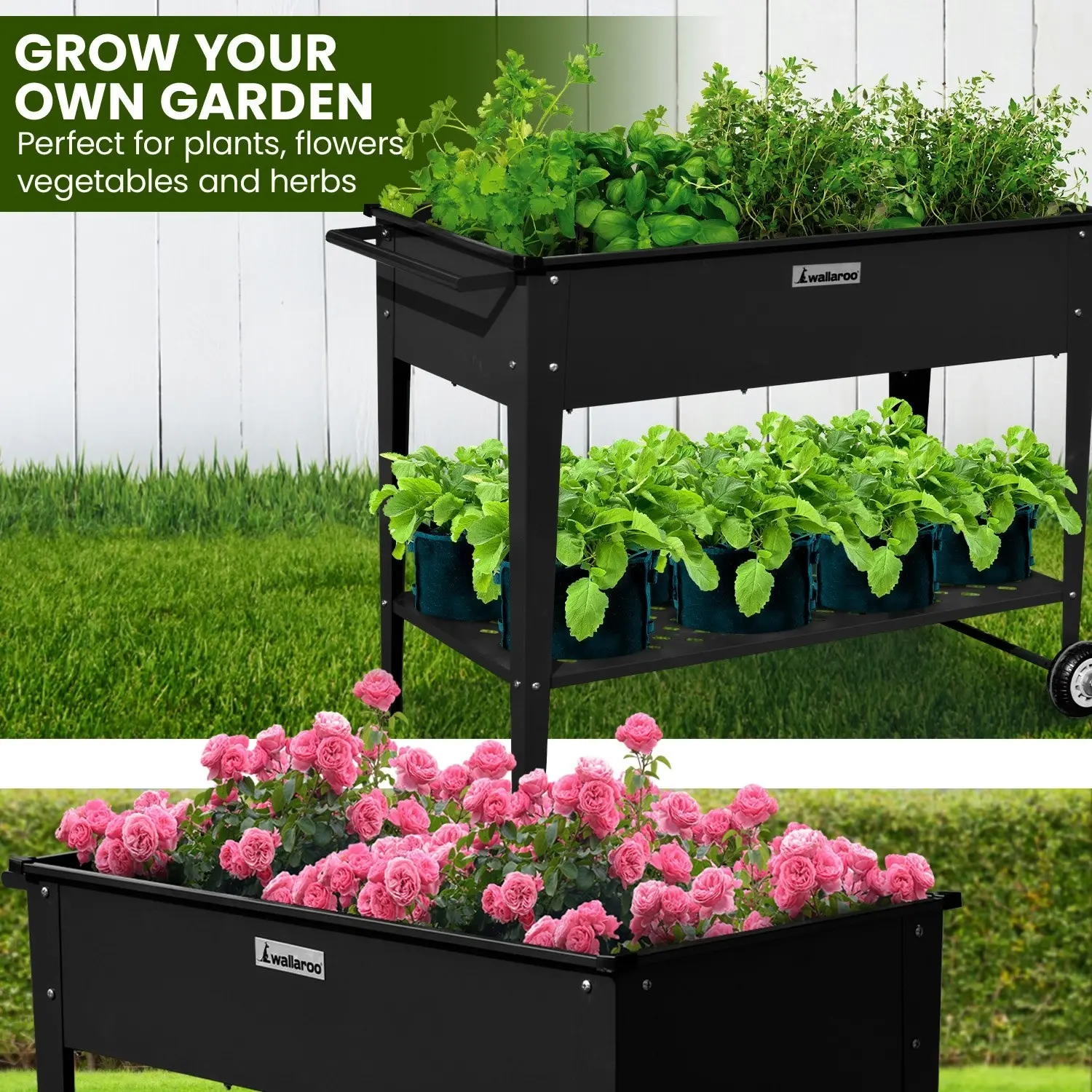 Wallaroo 108.5 x 50.5 x 80cm Galvanized Steel Garden Bed Cart Raised Planter Box - Black