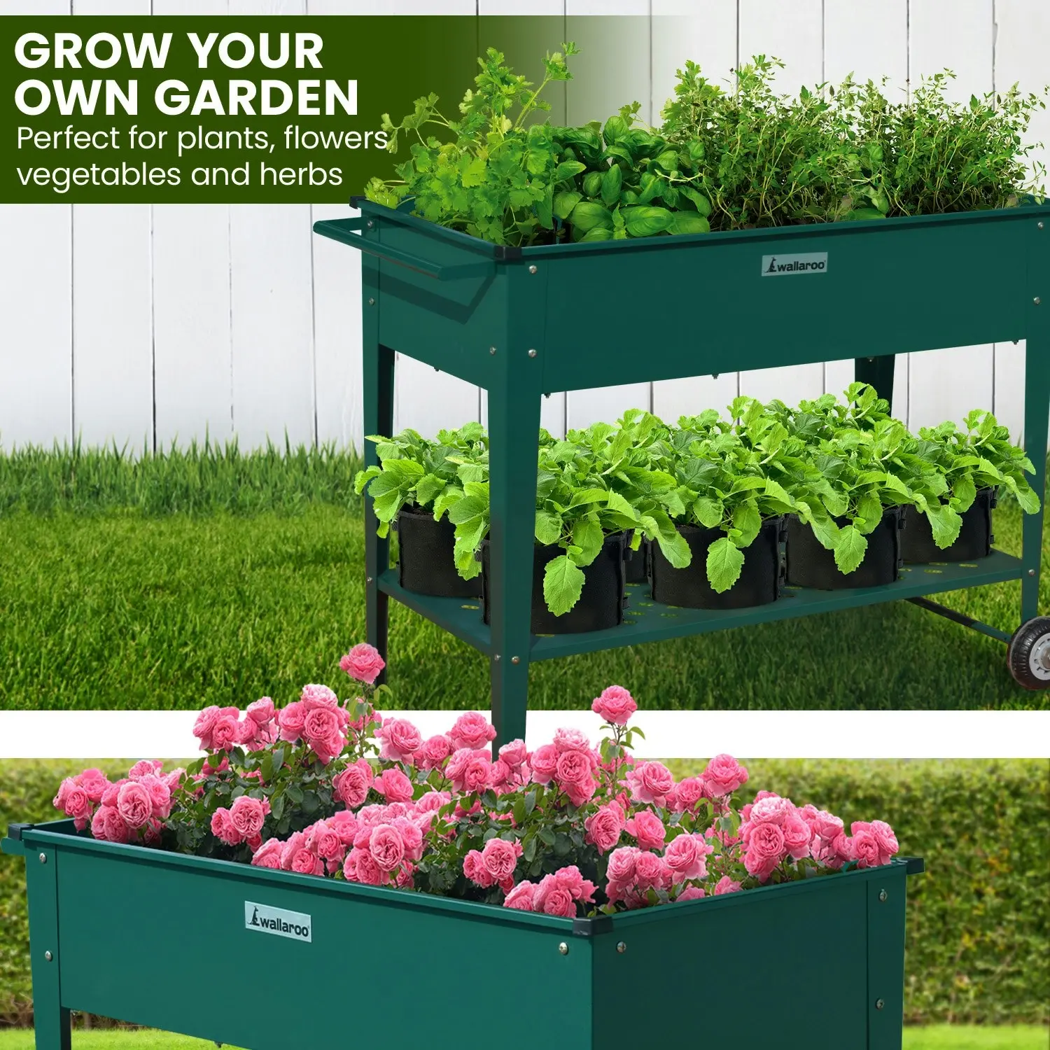 Wallaroo 108.5 x 50.5 x 80cm Galvanized Steel Garden Bed Cart Raised Planter Box - Green