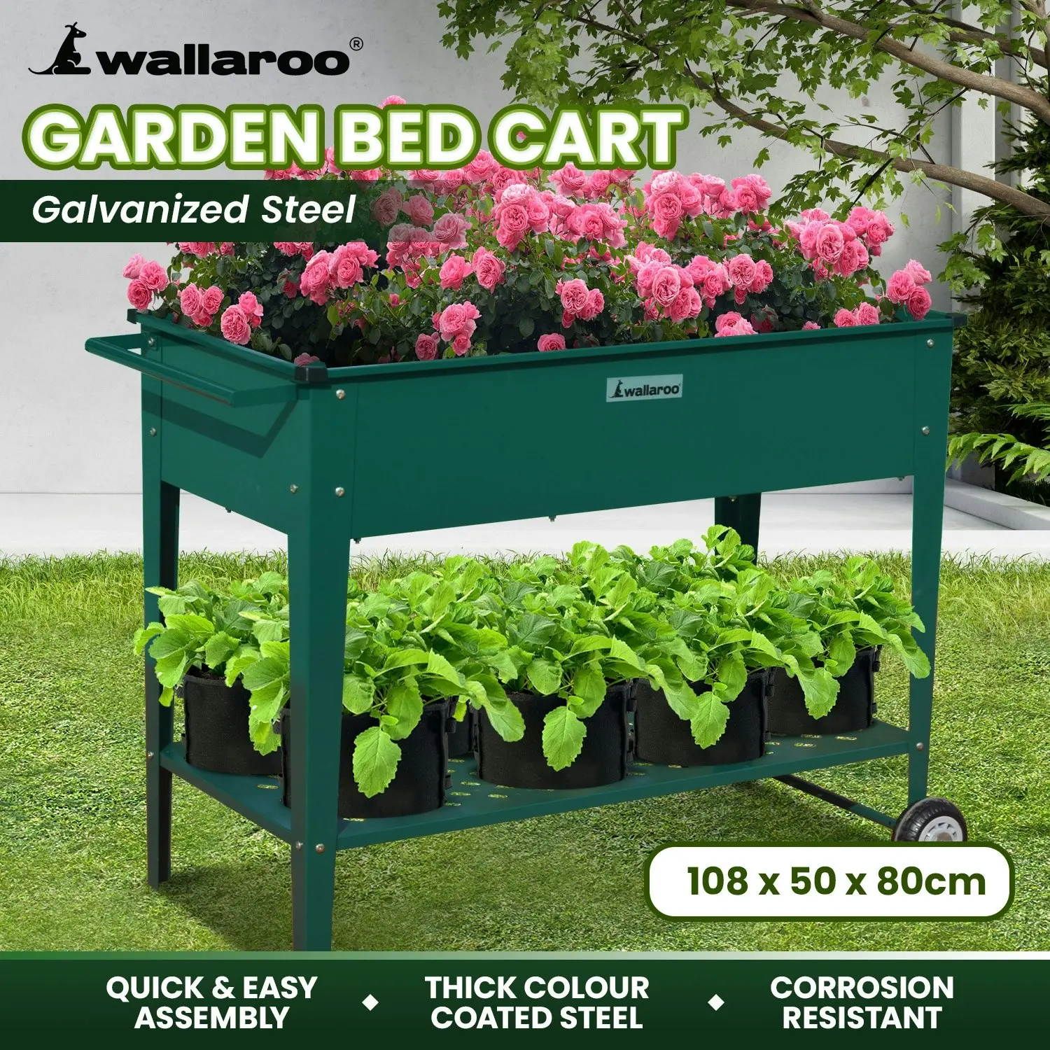 Wallaroo 108.5 x 50.5 x 80cm Galvanized Steel Garden Bed Cart Raised Planter Box - Green