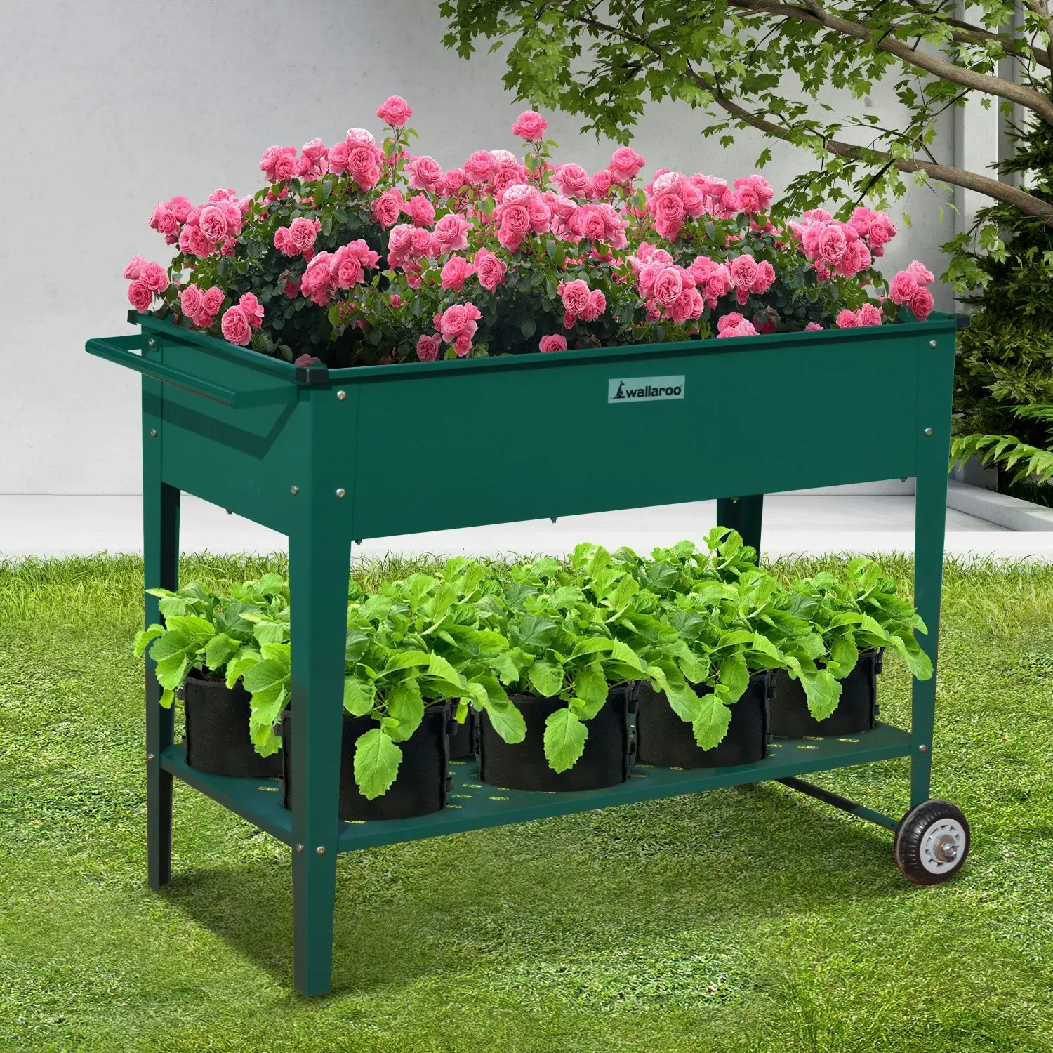 Wallaroo 108.5 x 50.5 x 80cm Galvanized Steel Garden Bed Cart Raised Planter Box - Green