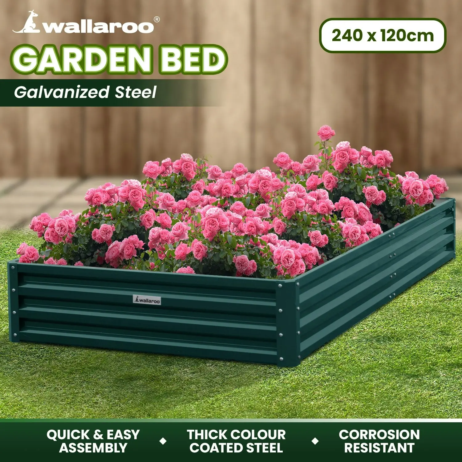 Wallaroo 240 x 120 x 30cm Galvanized Steel Garden Bed - Green