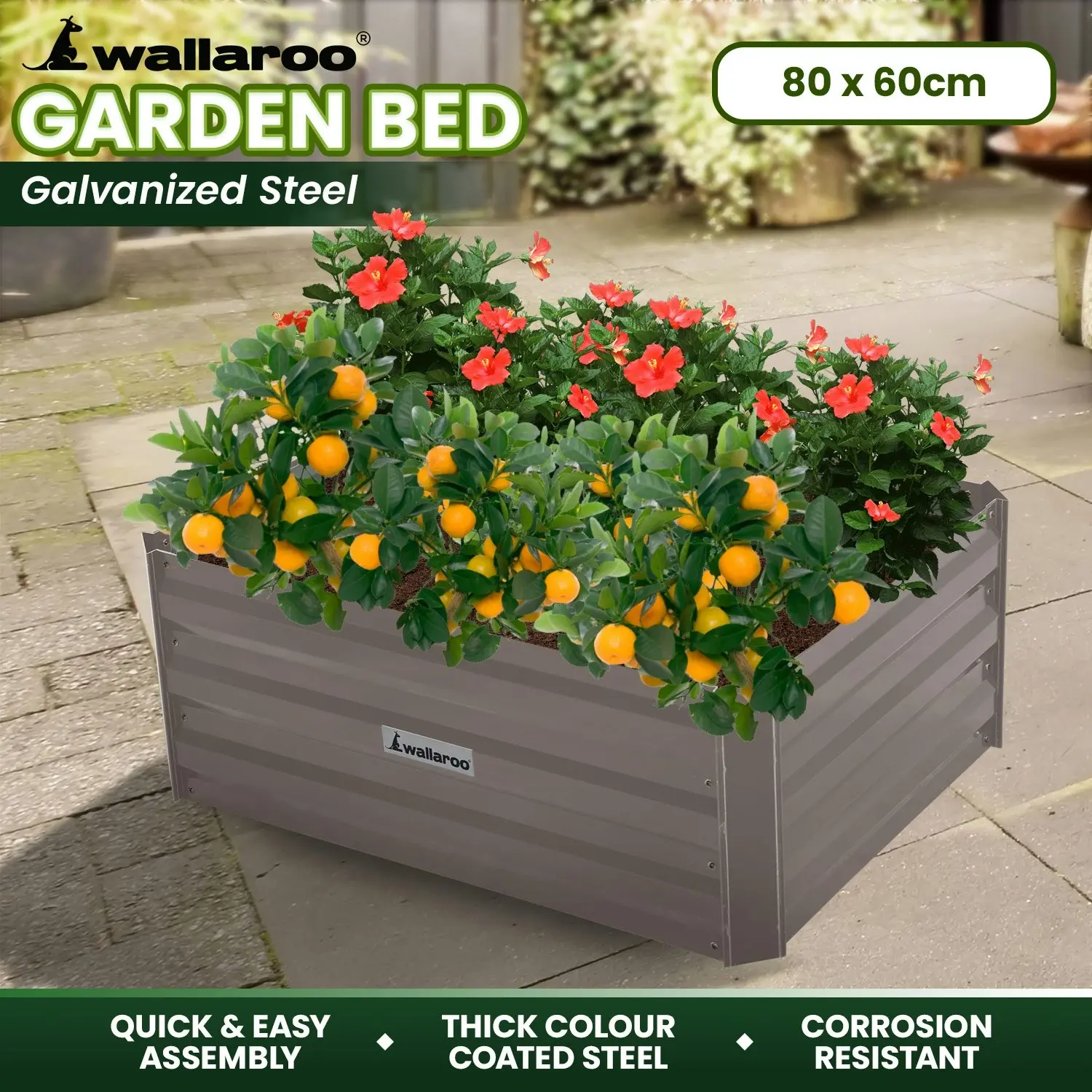 Wallaroo 80 x 60 x 30cm Galvanized Steel Garden Bed - Grey