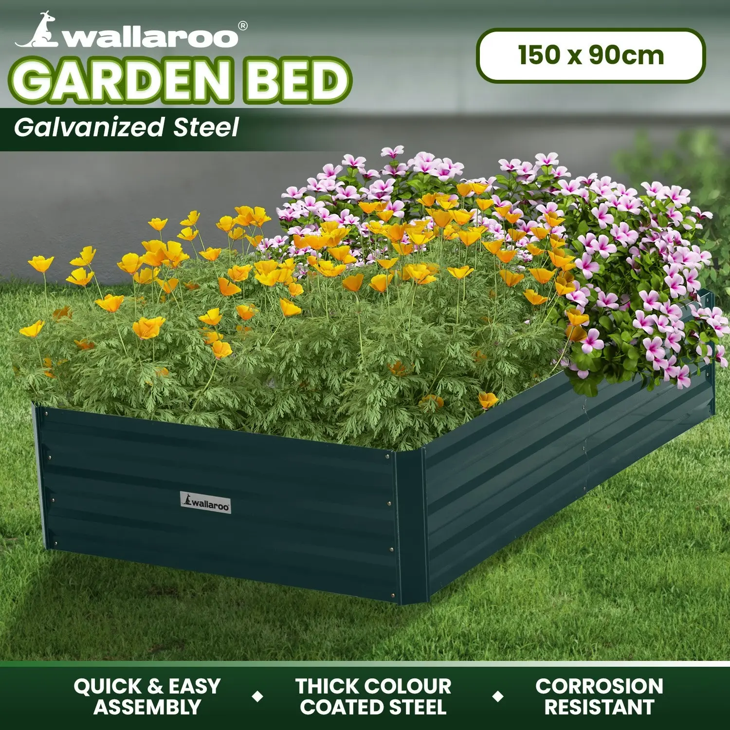 Wallaroo 150 x 90 x 30cm Galvanized Steel Garden Bed - Green