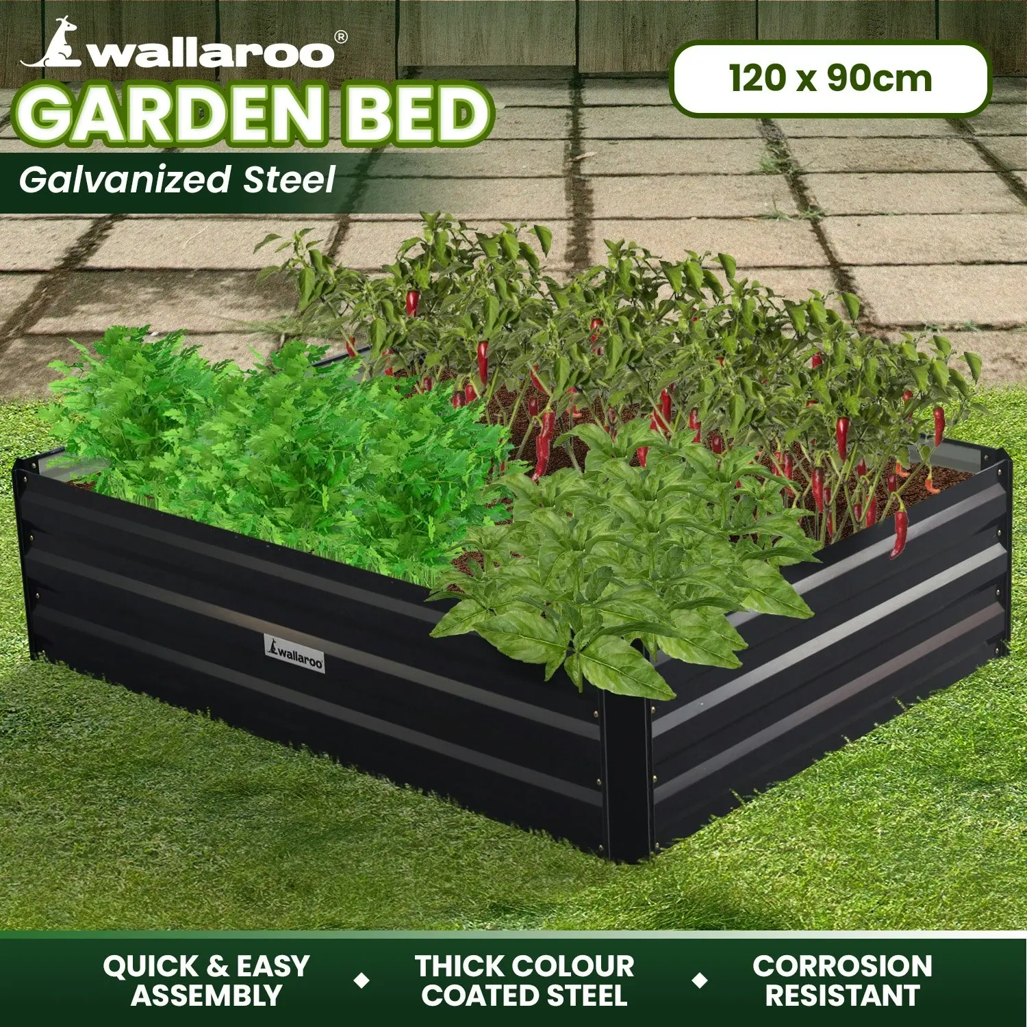 Wallaroo 120 x 90 x 30cm Galvanized Steel Garden Bed - Black