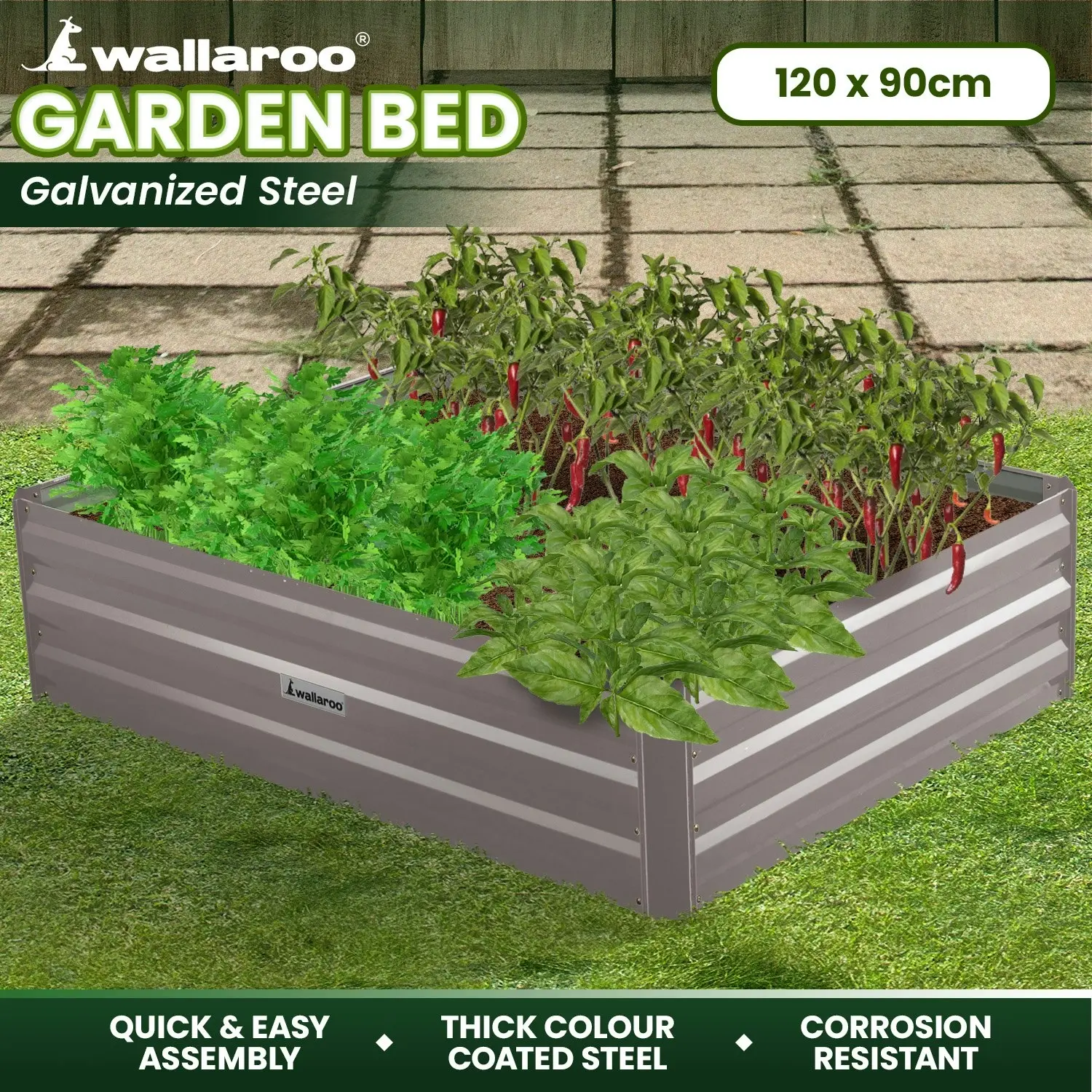 Wallaroo 120 x 90 x 30cm Galvanized Steel Garden Bed - Grey