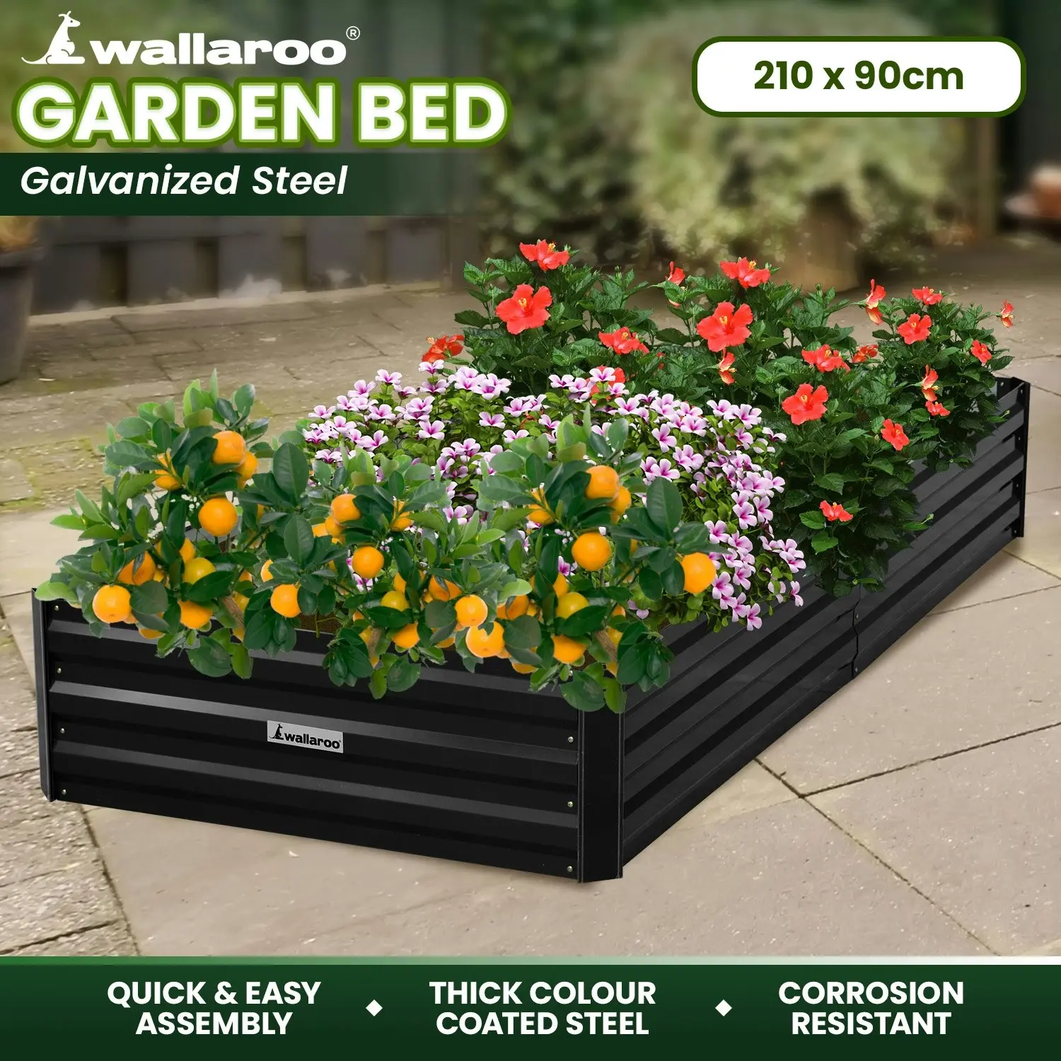 Wallaroo 210 x 90 x 30cm Galvanized Steel Garden Bed - Black