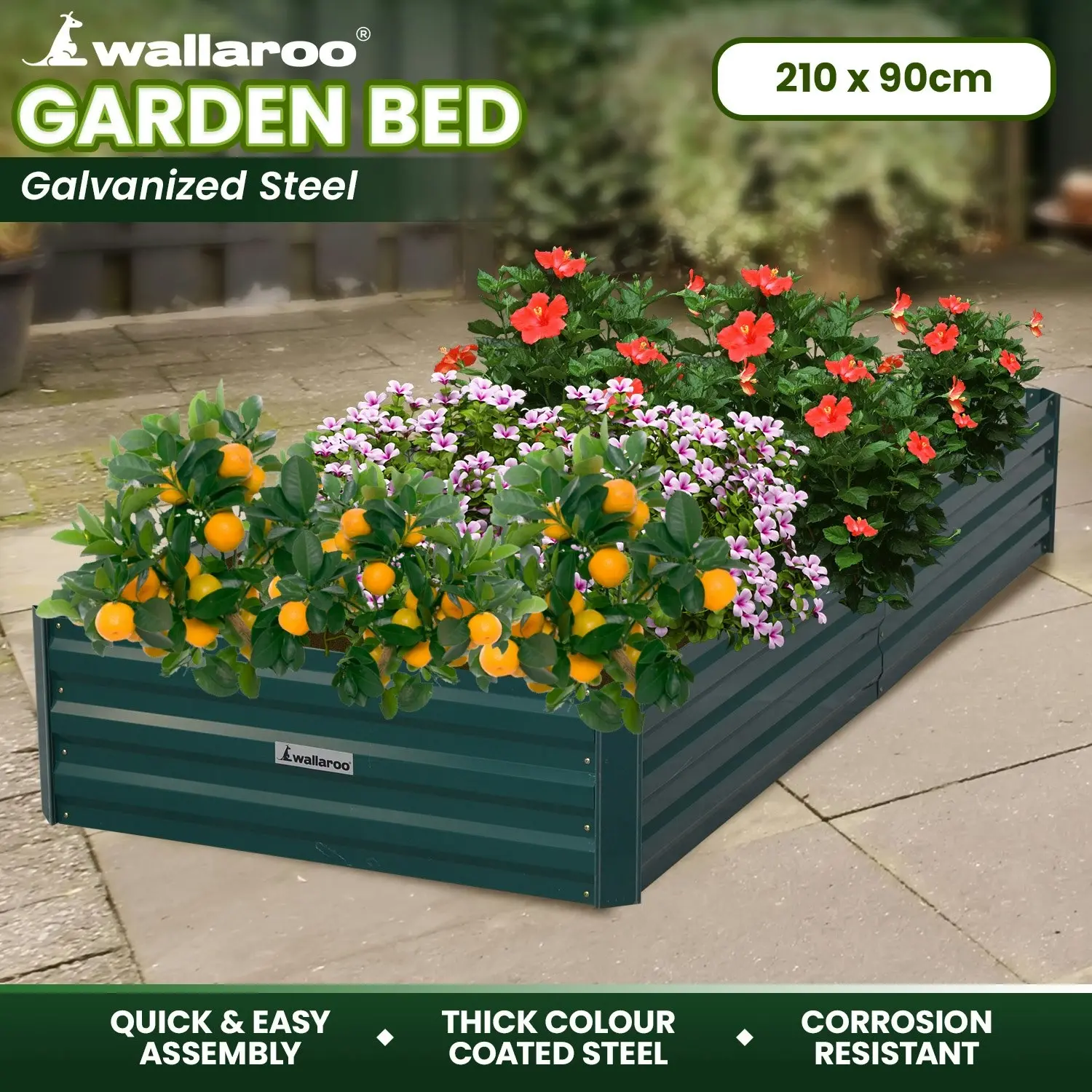 Wallaroo 210 x 90 x 30cm Galvanized Steel Garden Bed - Green