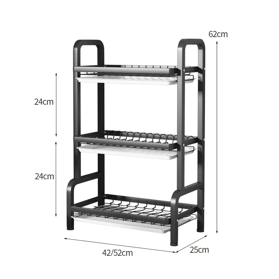 Soga 3 Tier 62cm Steel Black Kitchen Countertop Drying Rack Dish Plate Cutlery Cutting Board Holder Dish Drainer Kitchen Organiser