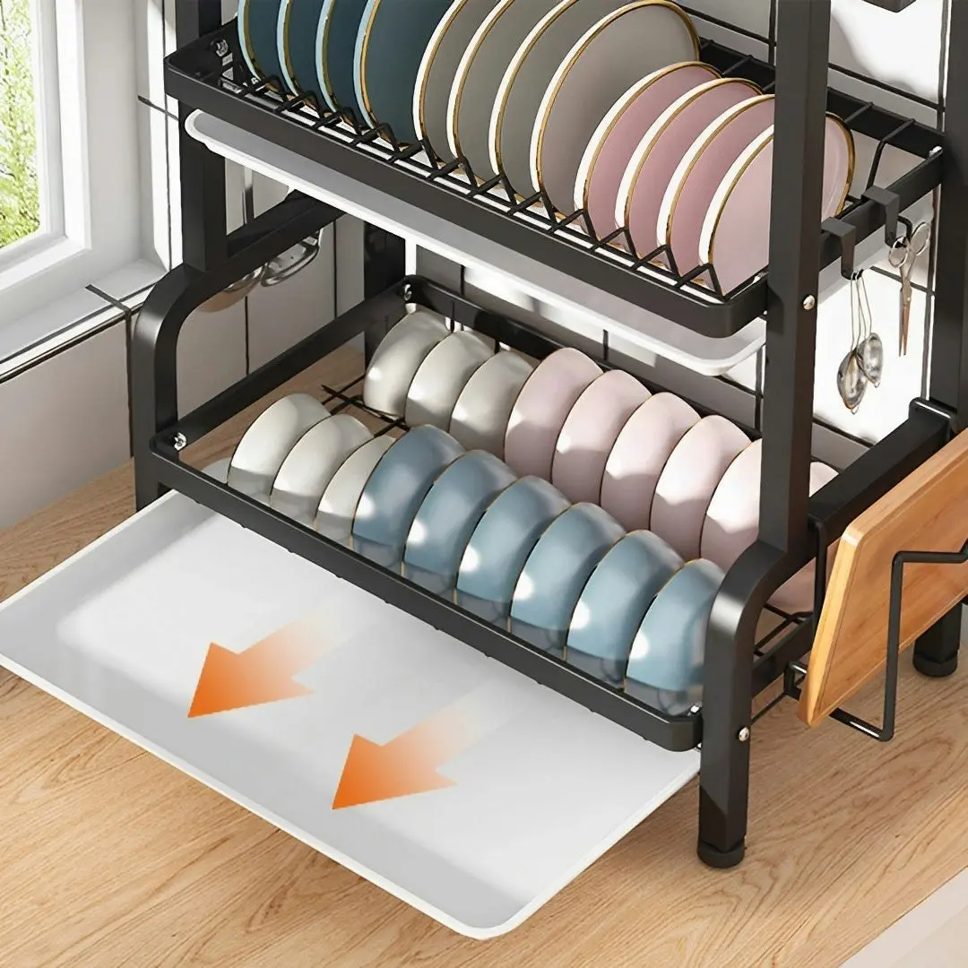 Soga 3 Tier 62cm Steel Black Kitchen Countertop Drying Rack Dish Plate Cutlery Cutting Board Holder Dish Drainer Kitchen Organiser