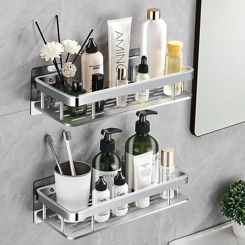 Soga Silver Wall-Mounted Rectangular Bathroom Storage Organiser Space Saving Adhesive Shelf Rack