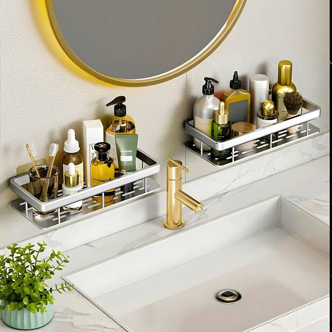 Soga Silver Wall-Mounted Rectangular Bathroom Storage Organiser Space Saving Adhesive Shelf Rack