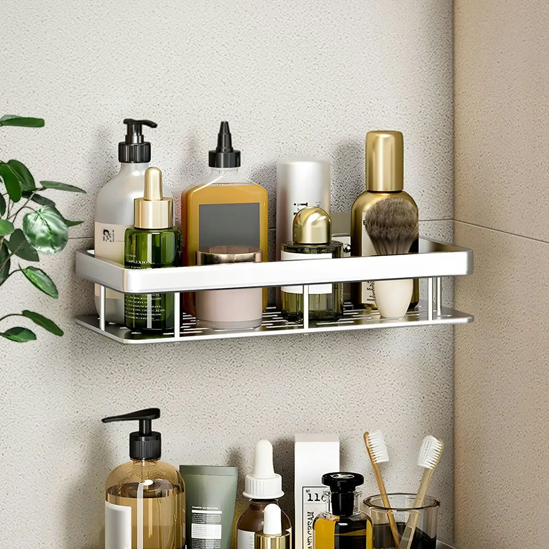 Soga Silver Wall-Mounted Rectangular Bathroom Storage Organiser Space Saving Adhesive Shelf Rack