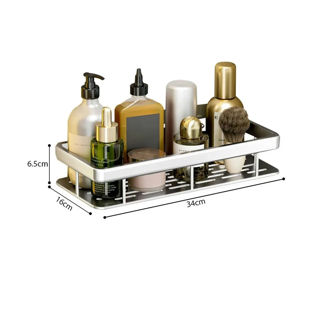 Soga Silver Wall-Mounted Rectangular Bathroom Storage Organiser Space Saving Adhesive Shelf Rack