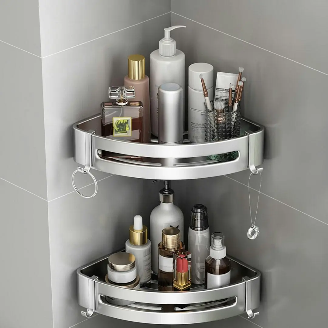 Soga Silver Wall-Mounted Triangular Bathroom Storage Corner Vanity Organiser Space Saving Adhesive Shelf Rack with Hooks