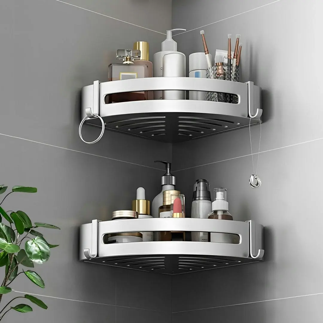 Soga Silver Wall-Mounted Triangular Bathroom Storage Corner Vanity Organiser Space Saving Adhesive Shelf Rack with Hooks