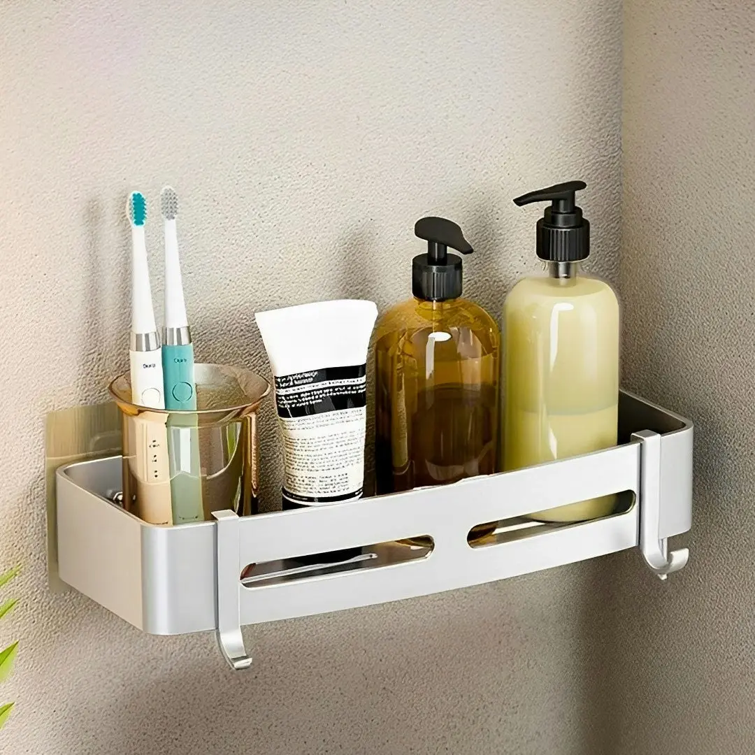 Soga Silver Wall-Mounted Rectangular Bathroom Storage Organiser Space Saving Adhesive Shelf Rack with Hooks