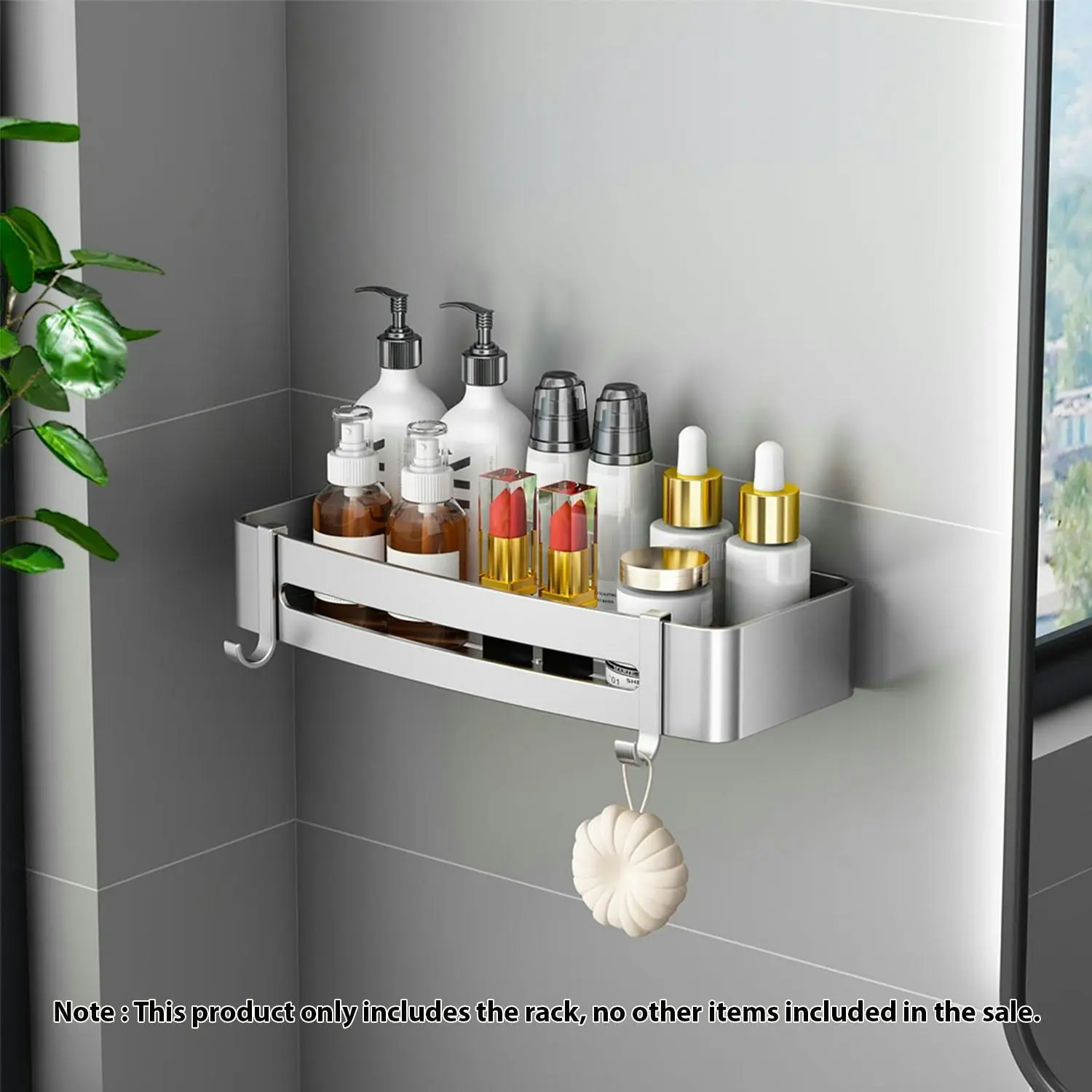 Soga Silver Wall-Mounted Rectangular Bathroom Storage Organiser Space Saving Adhesive Shelf Rack with Hooks