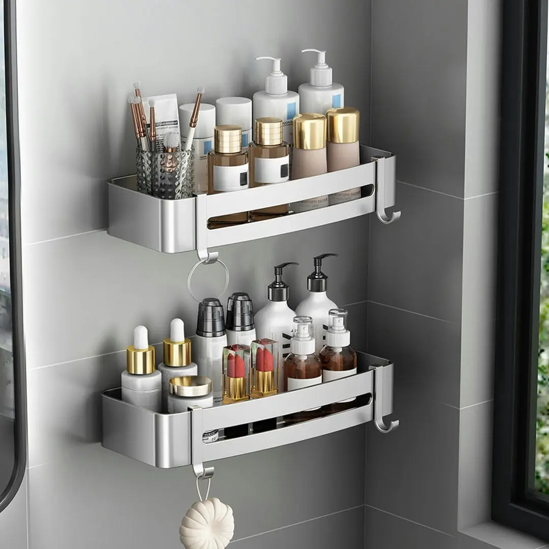 Soga Silver Wall-Mounted Rectangular Bathroom Storage Organiser Space Saving Adhesive Shelf Rack with Hooks