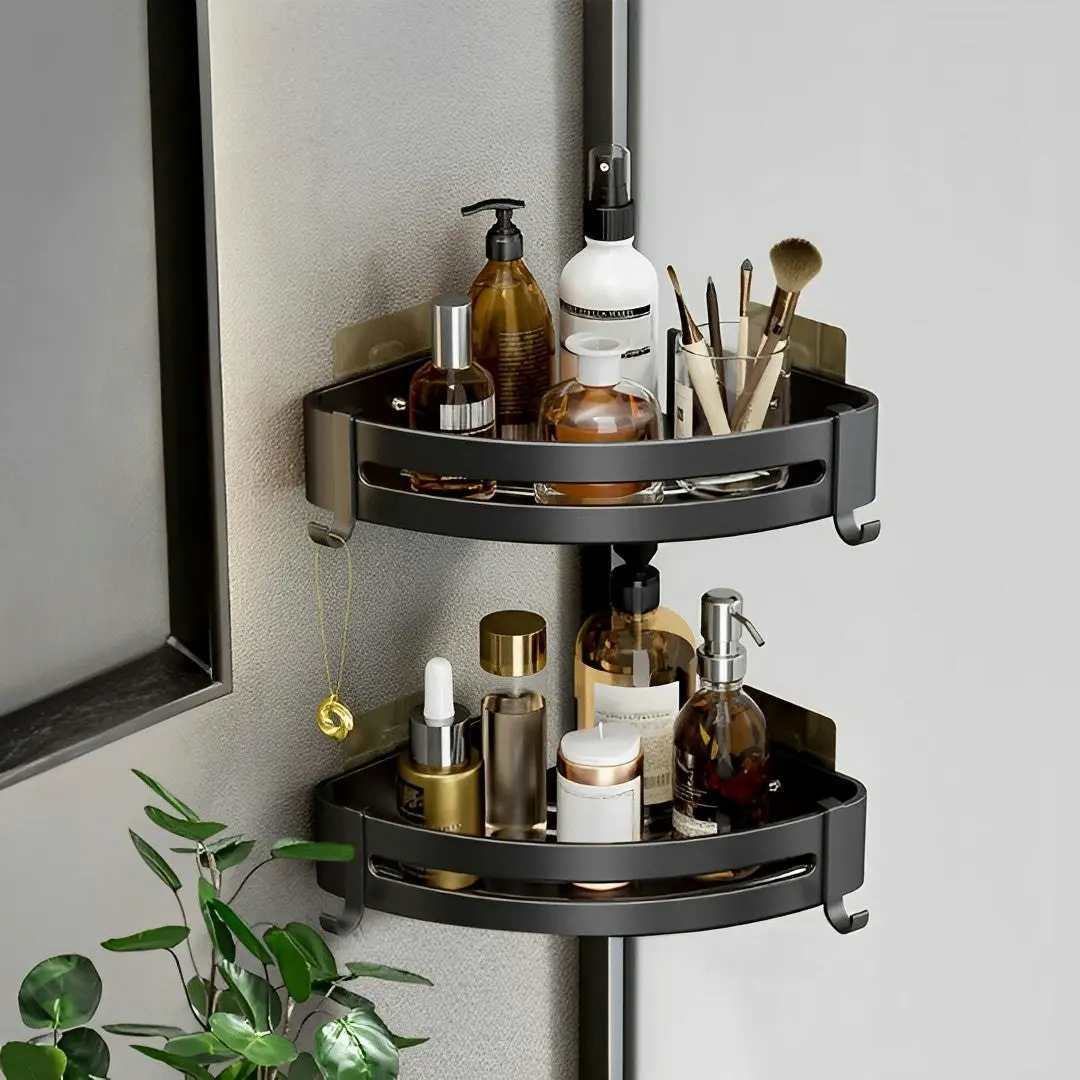 Soga Black Wall-Mounted Triangular Bathroom Storage Corner Vanity Organiser Space Saving Adhesive Shelf Rack with Hooks