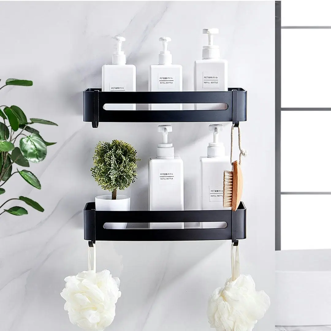 Soga Black Wall-Mounted Rectangular Bathroom Storage Organiser Space Saving Adhesive Shelf Rack with Hooks